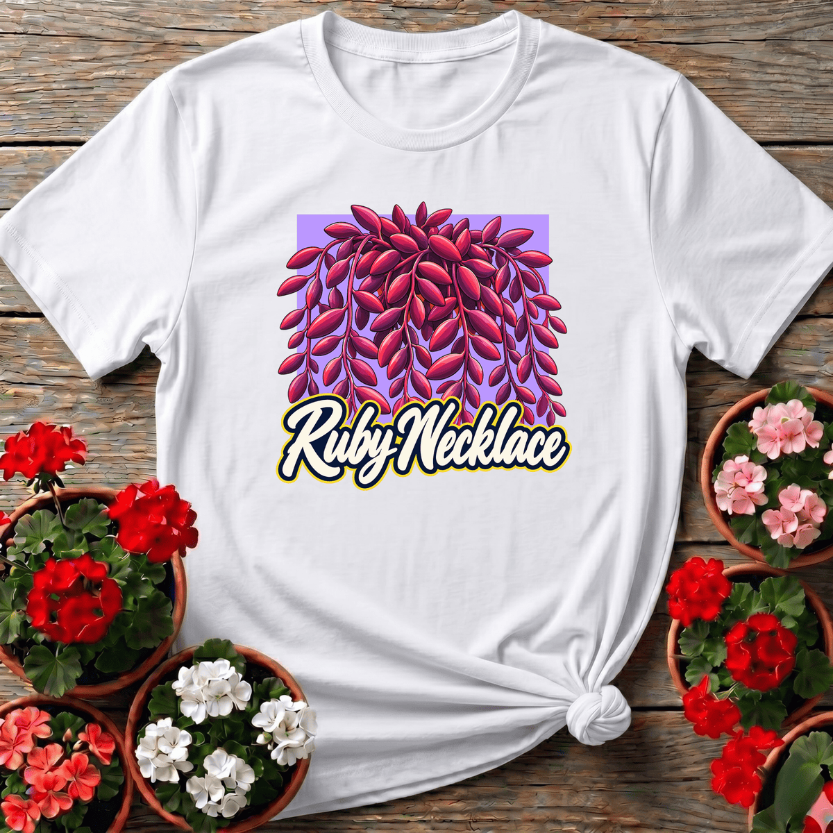 White vintage jewel-tone Ruby Necklace succulent t-shirt for indoor plant collectors
