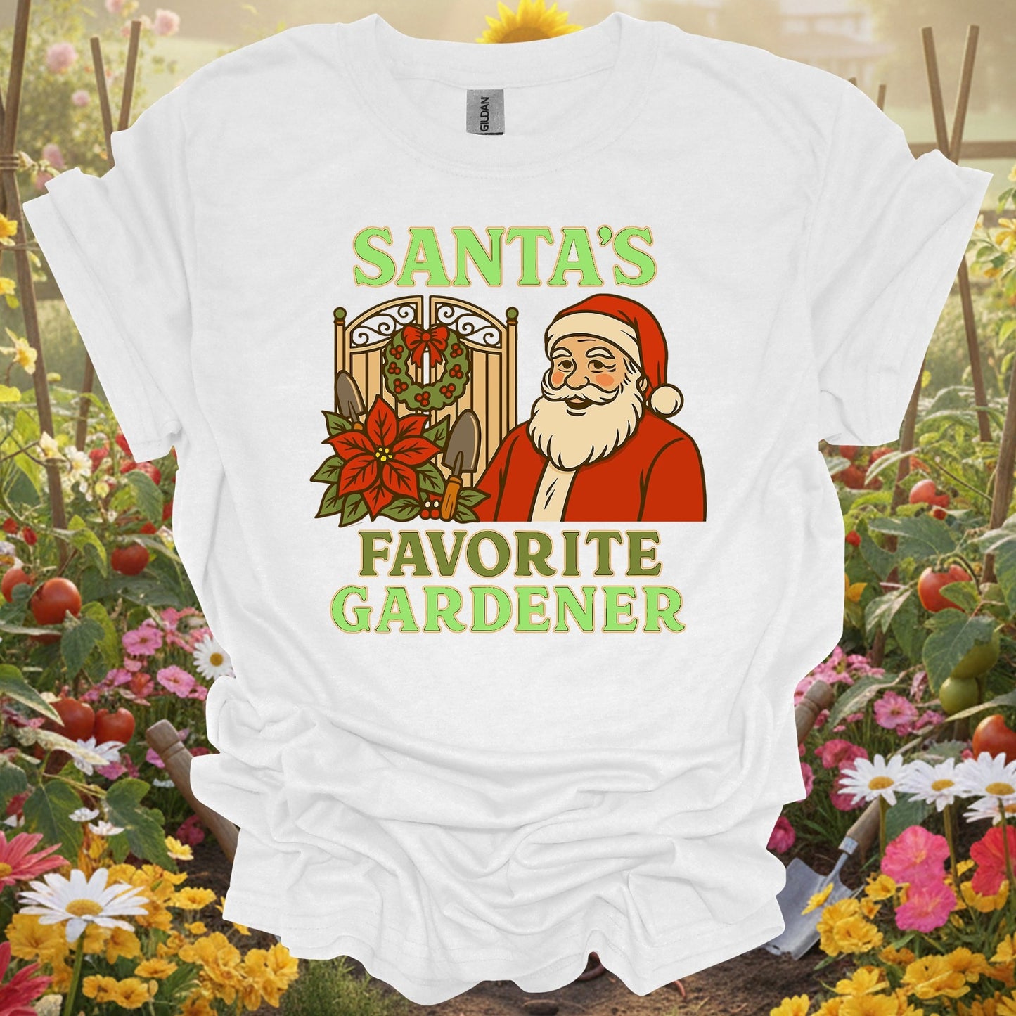 "Santa's Favorite Gardener" Funny Christmas T-Shirt - GardeningTshirts