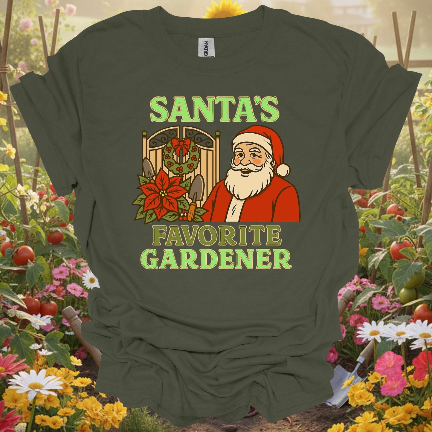 "Santa's Favorite Gardener" Funny Christmas T-Shirt - GardeningTshirts