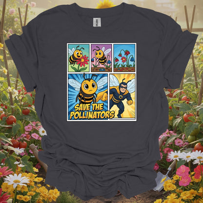 Save The Pollinators Comic Bee Superhero T-Shirt - GardeningTshirts