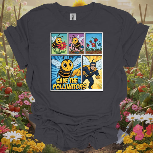 Save The Pollinators Comic Bee Superhero T-Shirt - GardeningTshirts