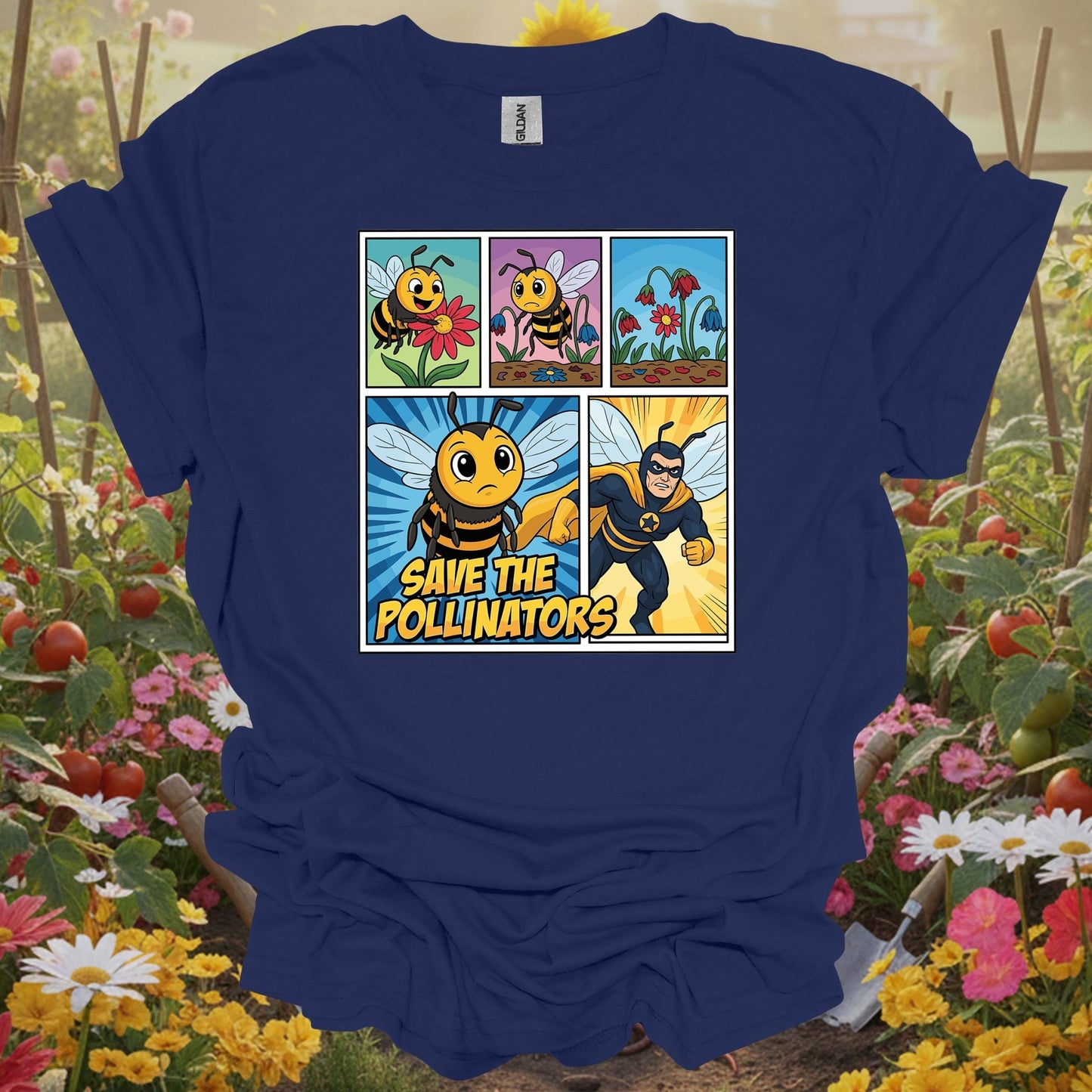 Save The Pollinators Comic Bee Superhero T-Shirt - GardeningTshirts