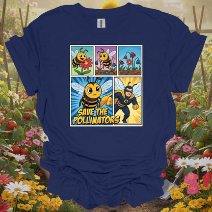 Save The Pollinators Comic Bee Superhero T-Shirt - GardeningTshirts