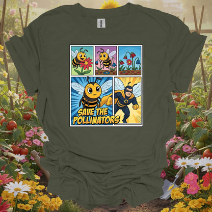 Save The Pollinators Comic Bee Superhero T-Shirt - GardeningTshirts