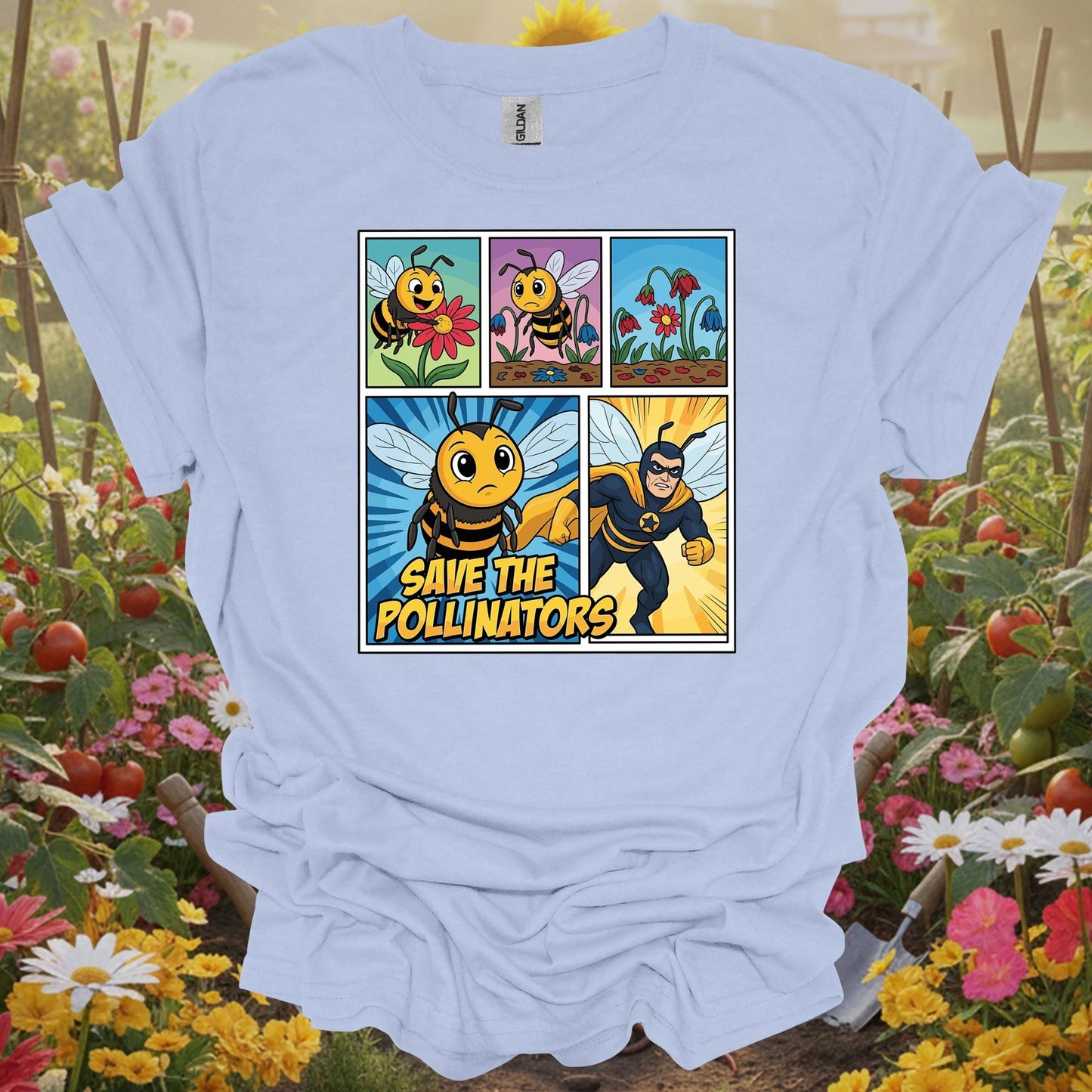 Save The Pollinators Comic Bee Superhero T-Shirt - GardeningTshirts