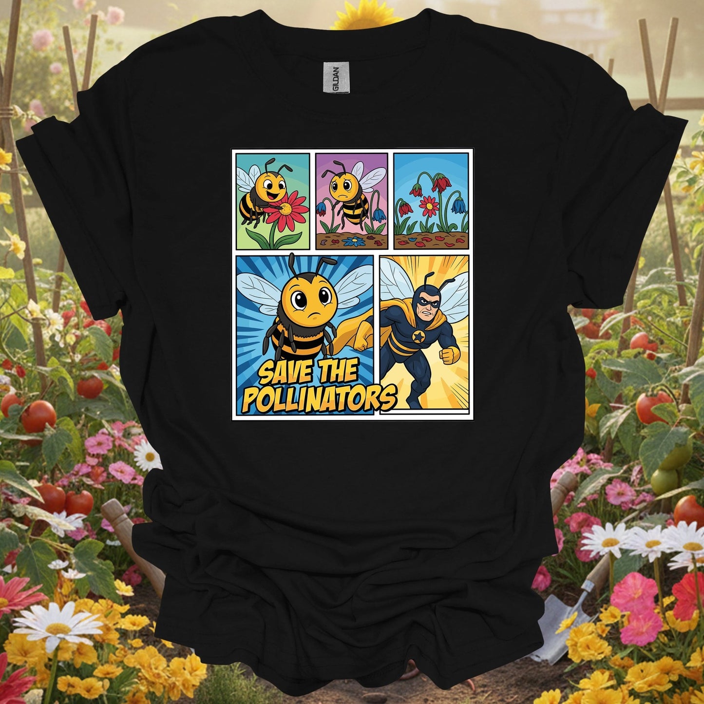 Save The Pollinators Comic Bee Superhero T-Shirt - GardeningTshirts