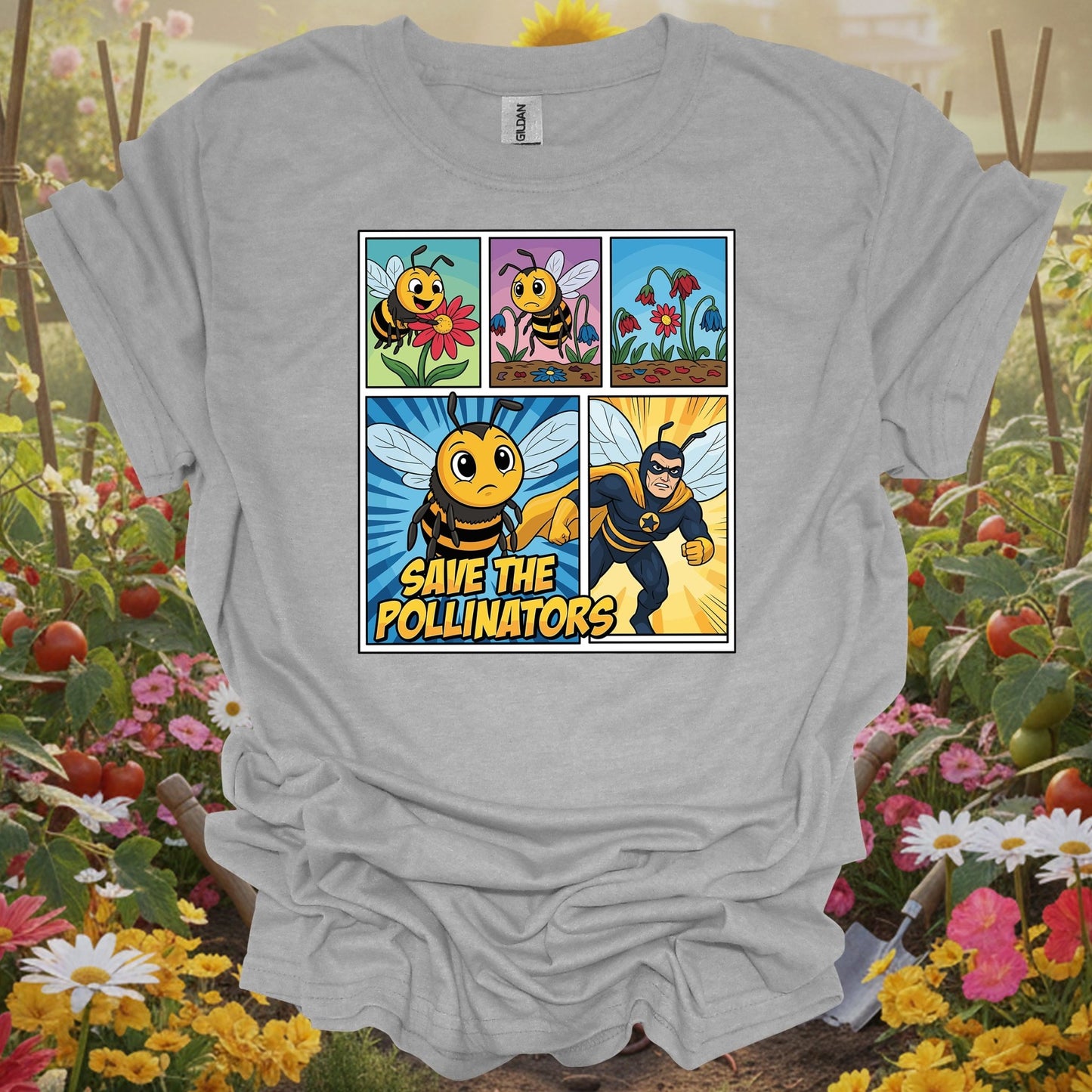 Save The Pollinators Comic Bee Superhero T-Shirt - GardeningTshirts