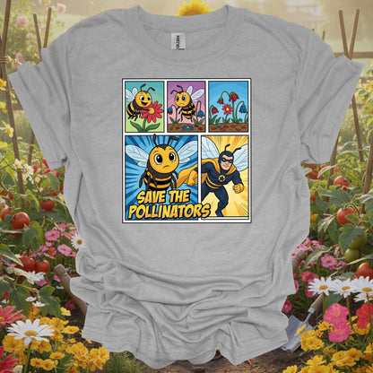 Save The Pollinators Comic Bee Superhero T-Shirt - GardeningTshirts