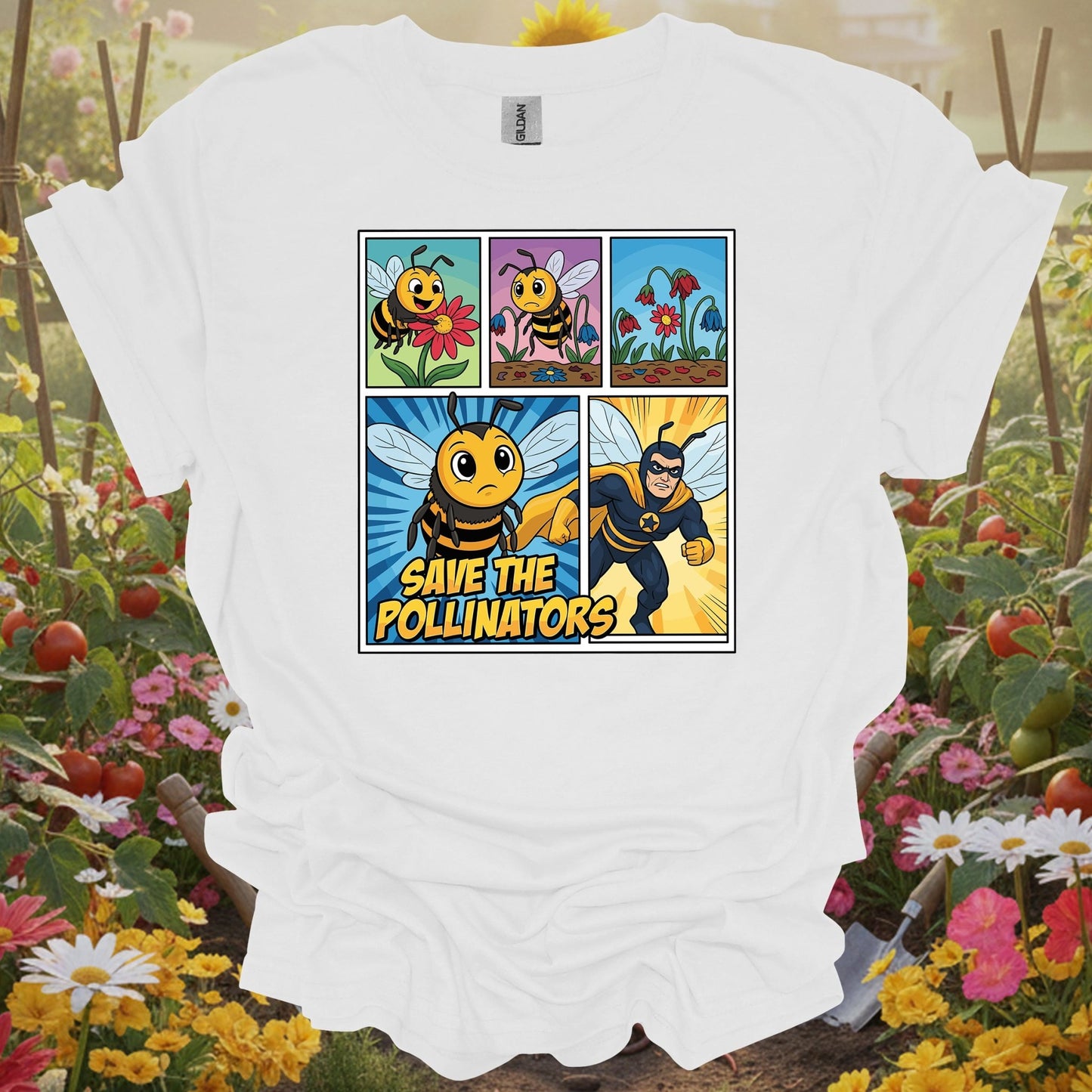 Save The Pollinators Comic Bee Superhero T-Shirt - GardeningTshirts