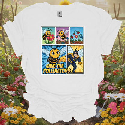 Save The Pollinators Comic Bee Superhero T-Shirt - GardeningTshirts
