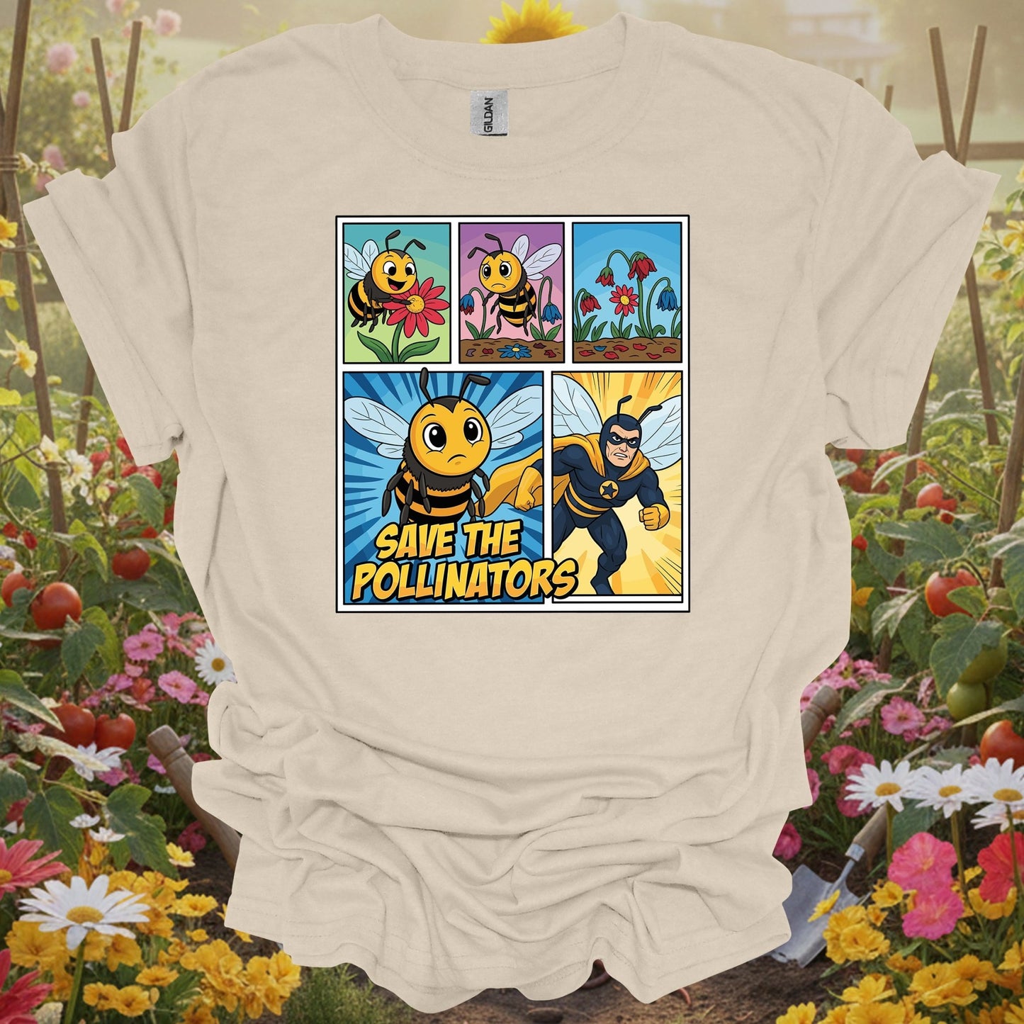 Save The Pollinators Comic Bee Superhero T-Shirt - GardeningTshirts