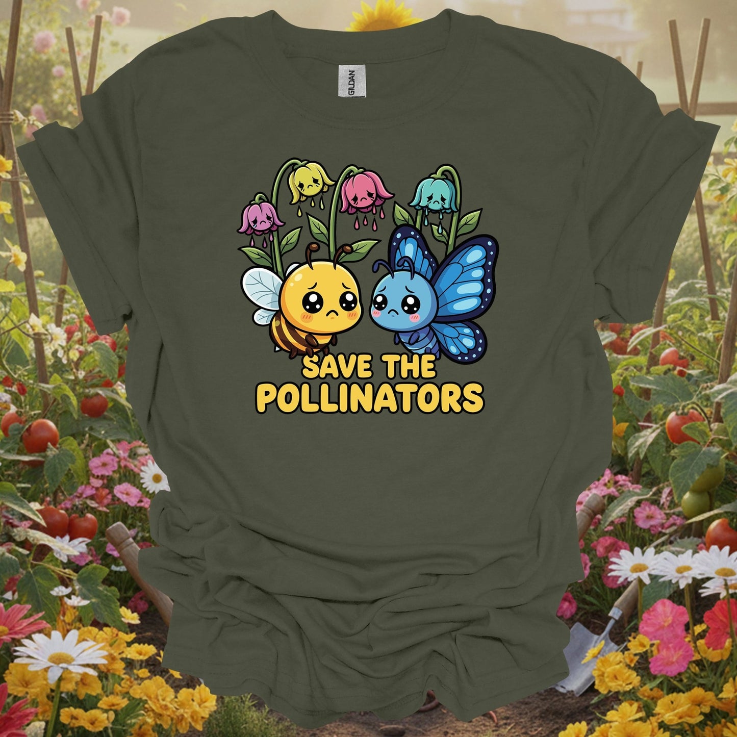 Military Green gardening tee with a balanced layout of a honeybee and butterfly with a friendly message for bee keepers.