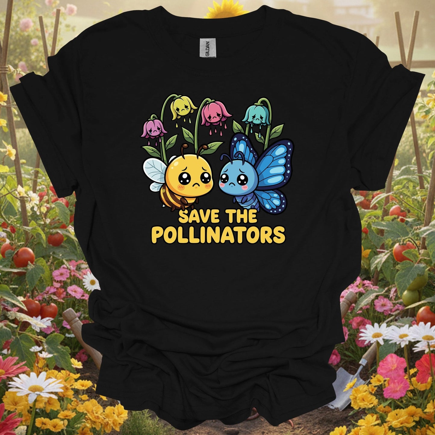Black shirt featuring a detailed intentional cultivation theme with wide-eyed pollinators for eco-conscious growers.