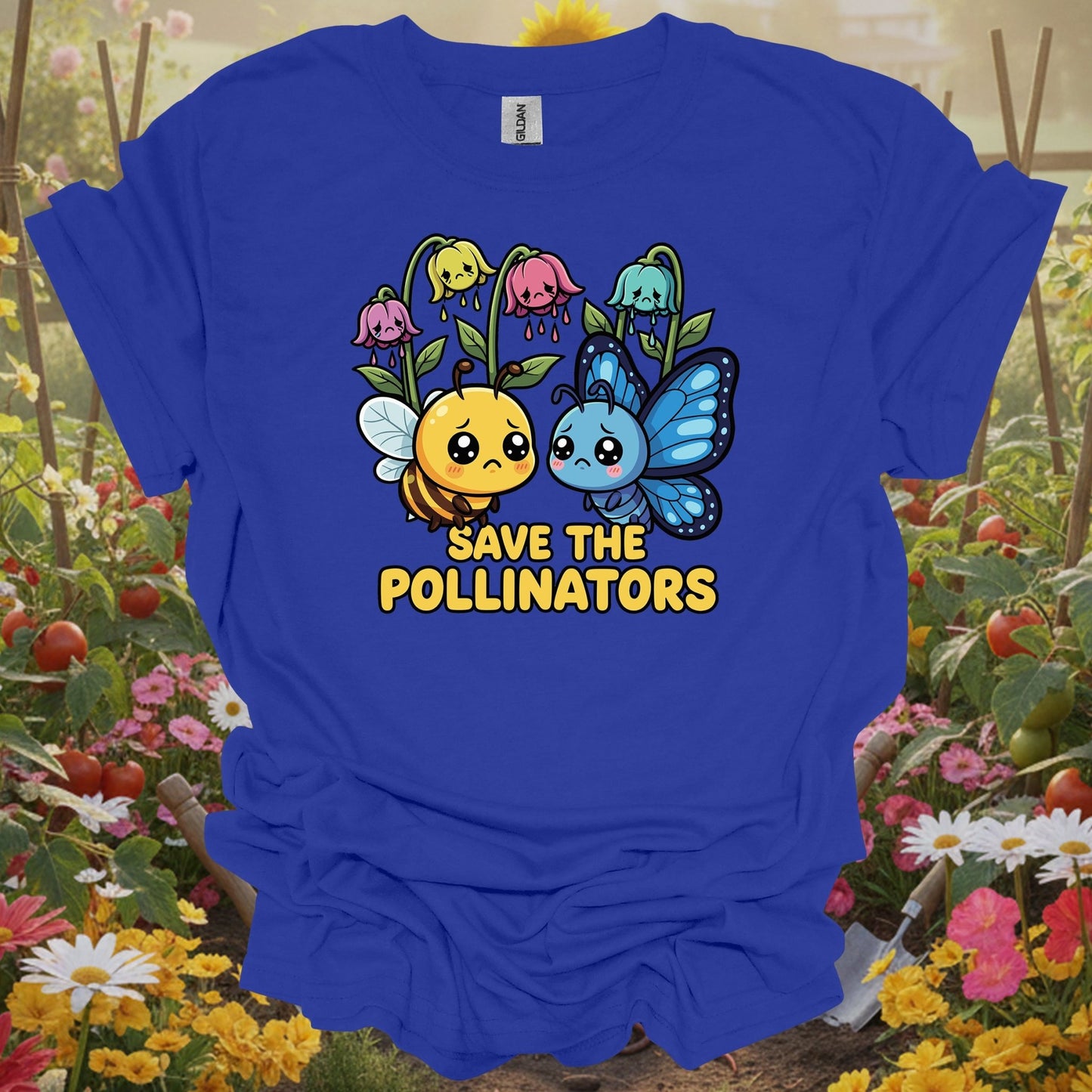 Royal T-shirt with sophisticated hand-drawn art of a bee and butterfly beneath drooping flowers for butterfly enthusiasts.