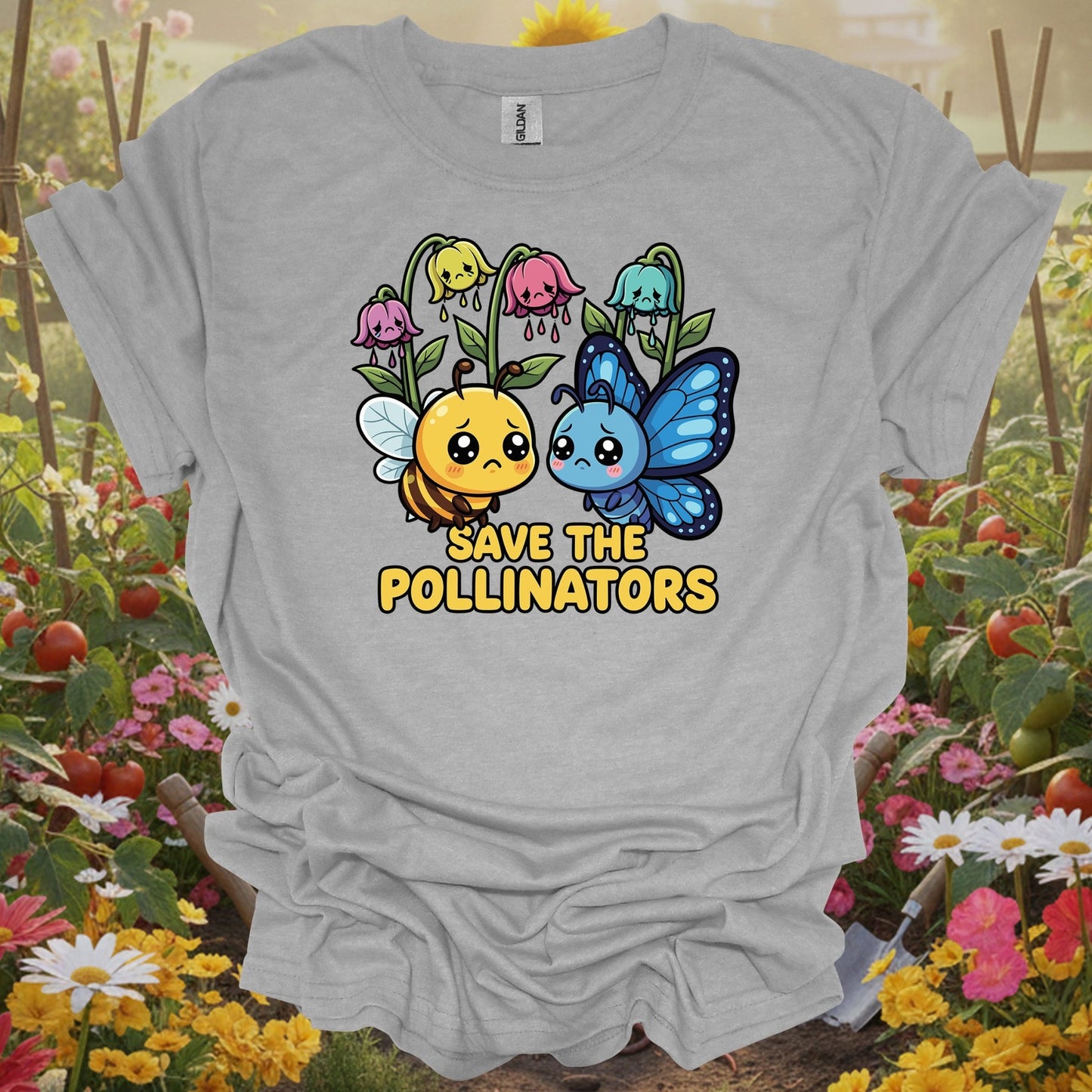 Sport Gray top showcasing retro-inspired storybook charm with a playful illustration of garden helpers for mindful gardeners.