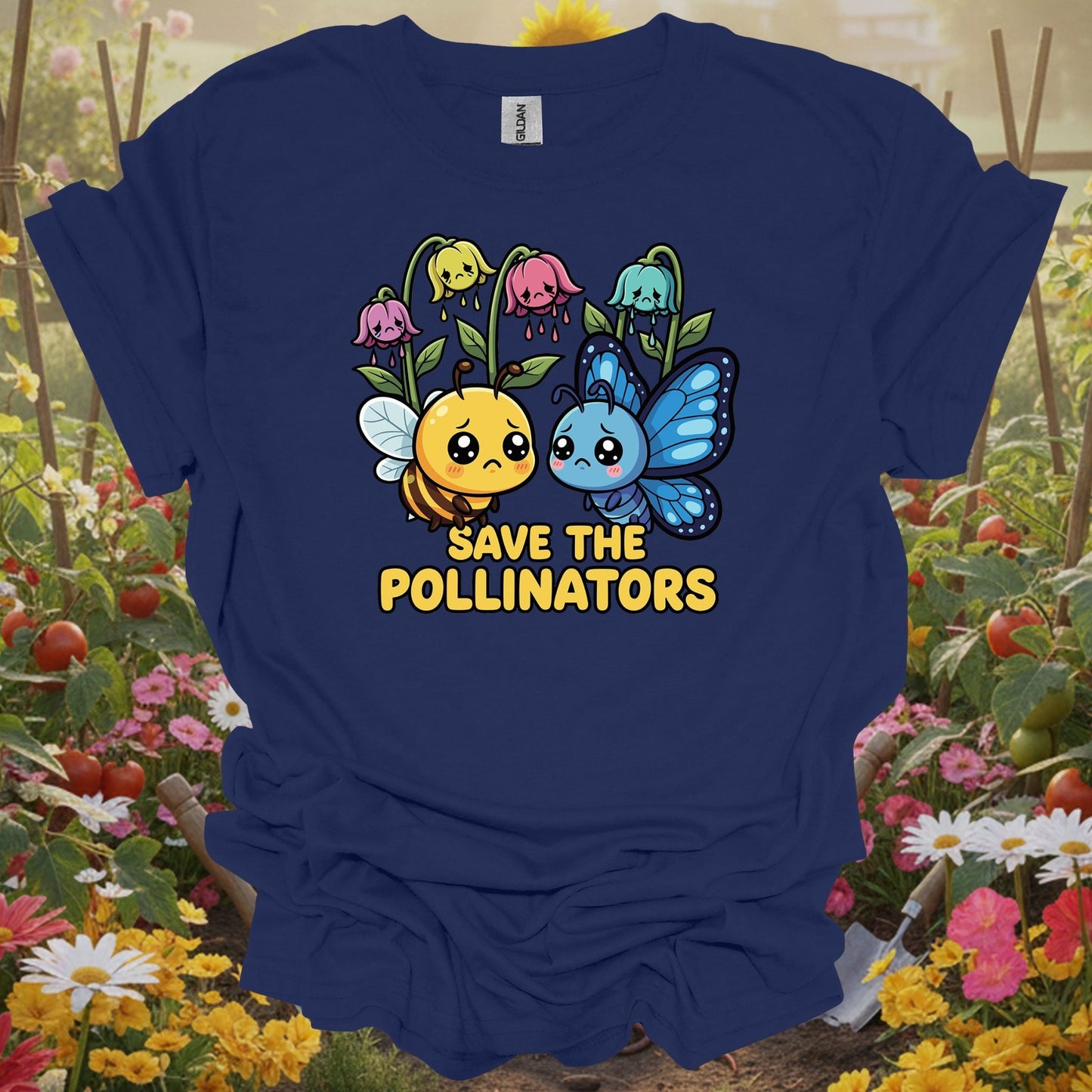 Navy shirt featuring a nostalgic garden warmth scene of two pollinators and a sweet conservation plea for eco-conscious growers.