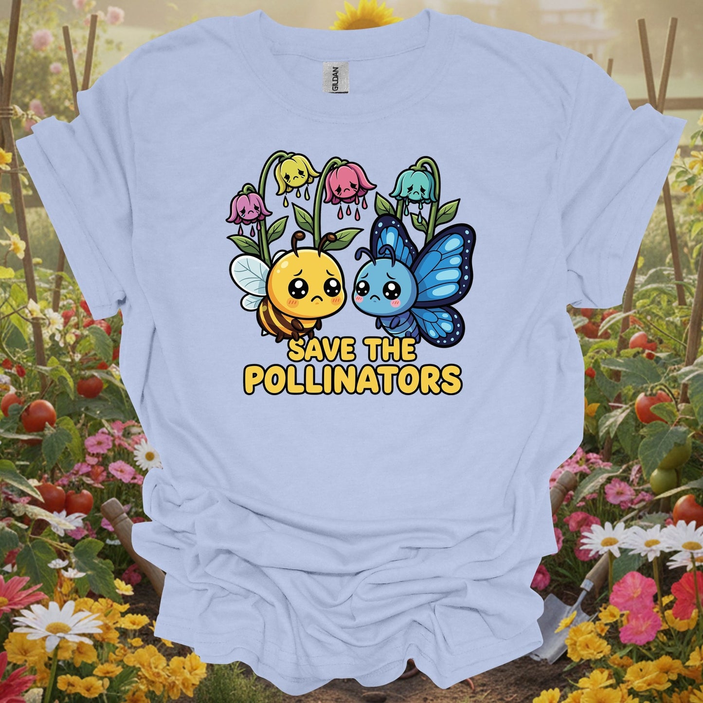 Light Blue tee with a vibrant illustration of a blue butterfly and honeybee under weeping blossoms for mindful gardeners.