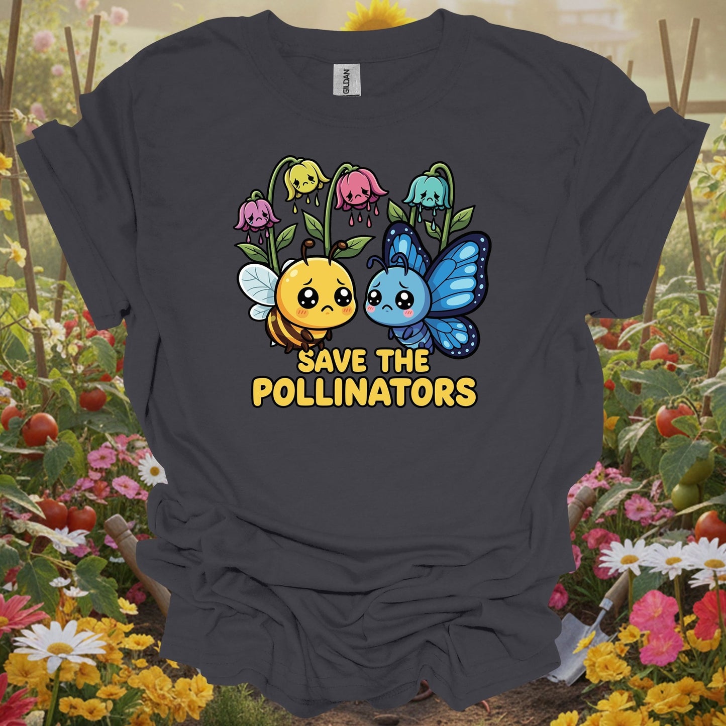 Charcoal tshirt showing a cute storybook bee and butterfly looking at wilting flowers with Save the Pollinators for bee keepers.