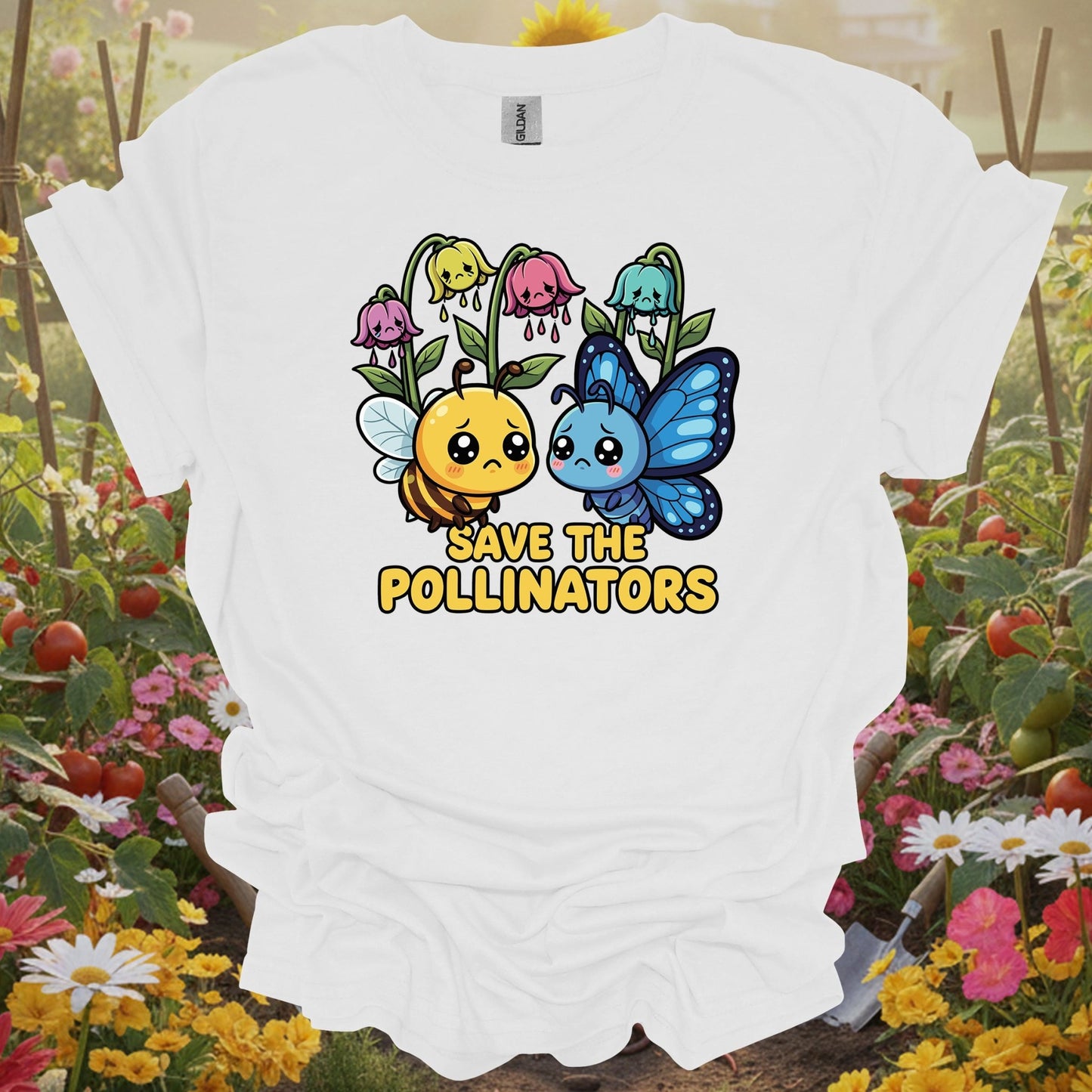 White tee with a playful narrative layout of a charming bee and butterfly for cottage garden enthusiasts who love nature.