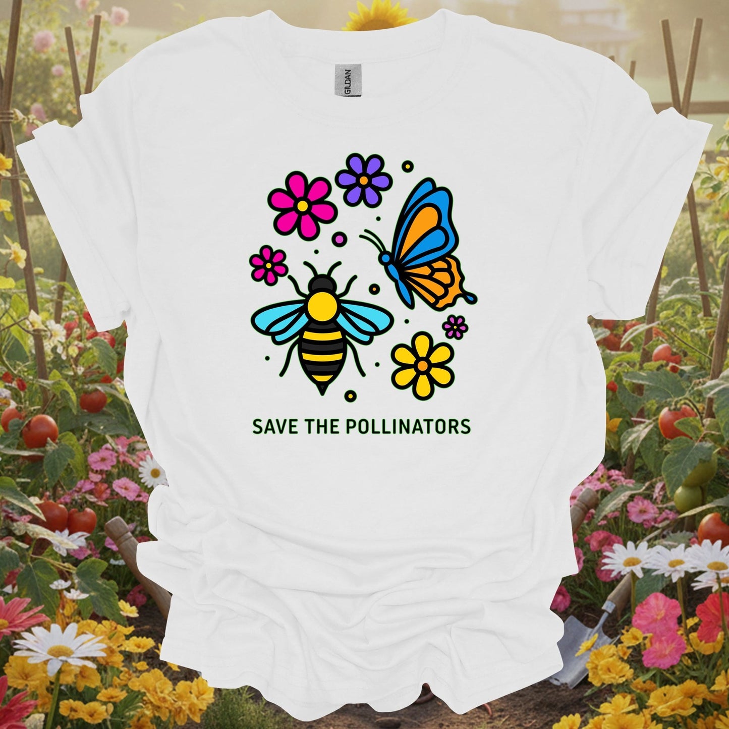 White shirt showing save the pollinators nature conservation for bee-friendly gardeners