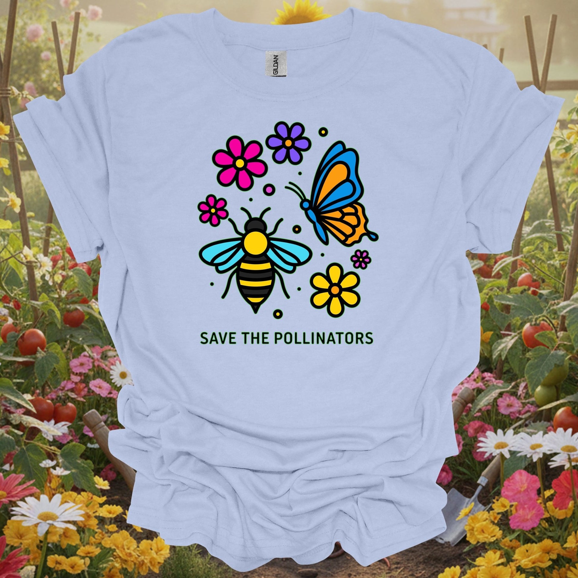 LIght blue tshirt showing save the pollinators nature conservation for beekeepers