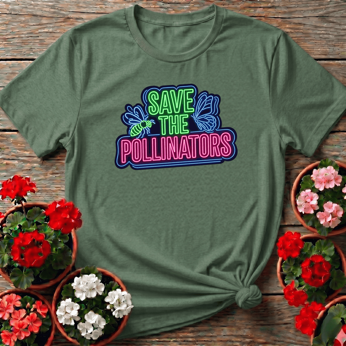 Military Green neon sign style save the pollinators gardening shirt with honeybee and butterfly art for conservation-minded gardeners