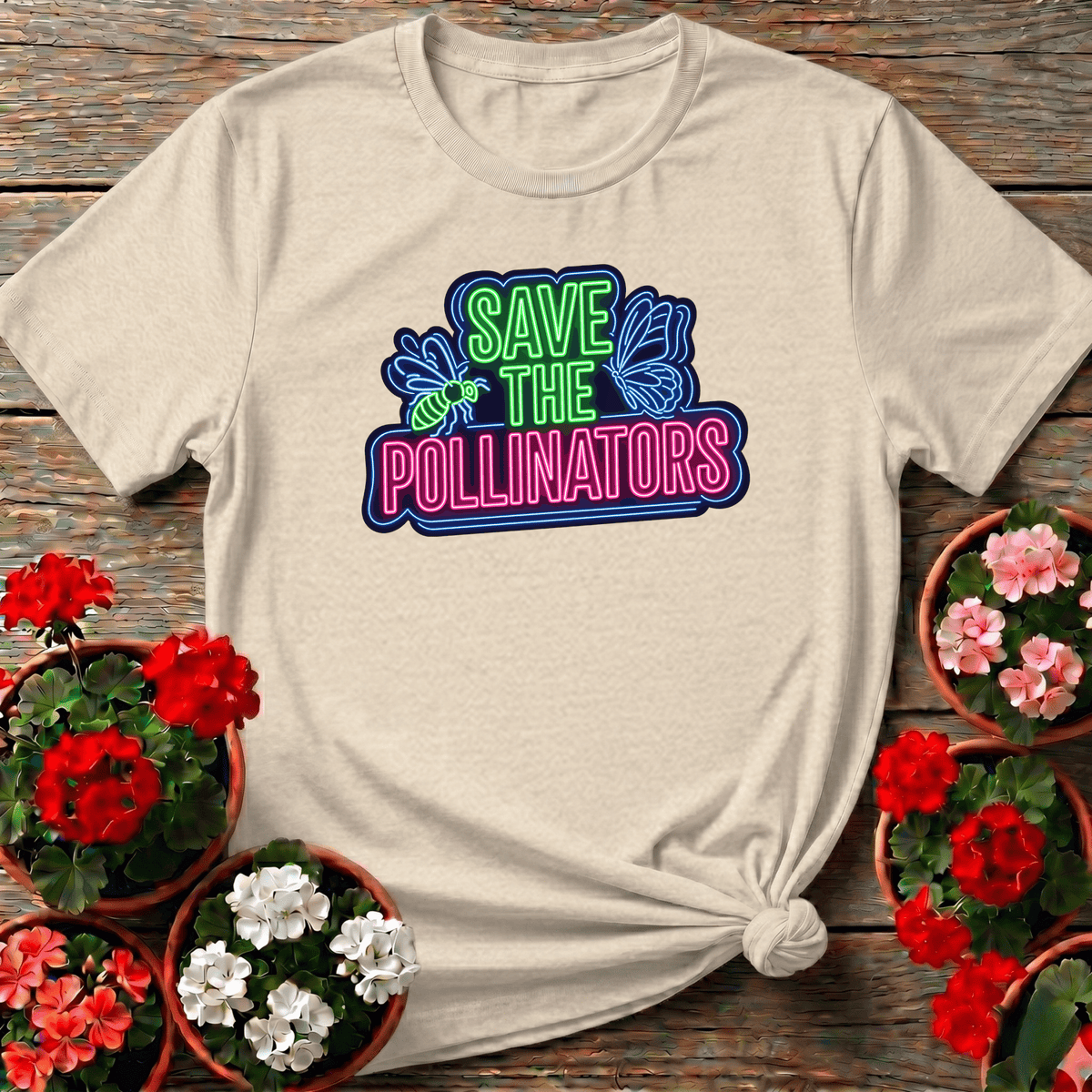 Natural vintage neon glow save the pollinators tee featuring bee and butterfly design for wildflower and native plant gardeners