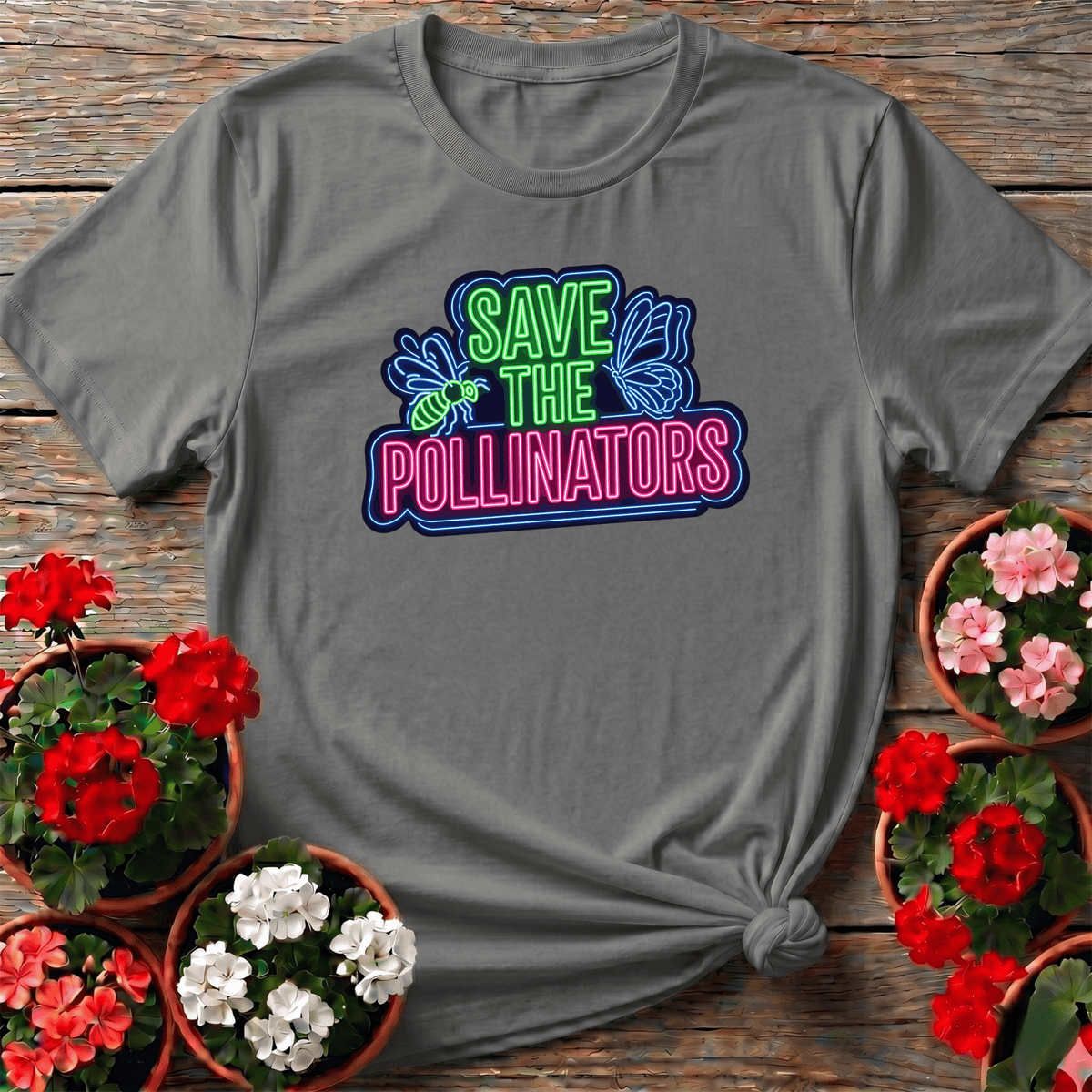 Sport Gray retro neon sign save the pollinators shirt with glowing bee and butterfly design for pollinator garden lovers