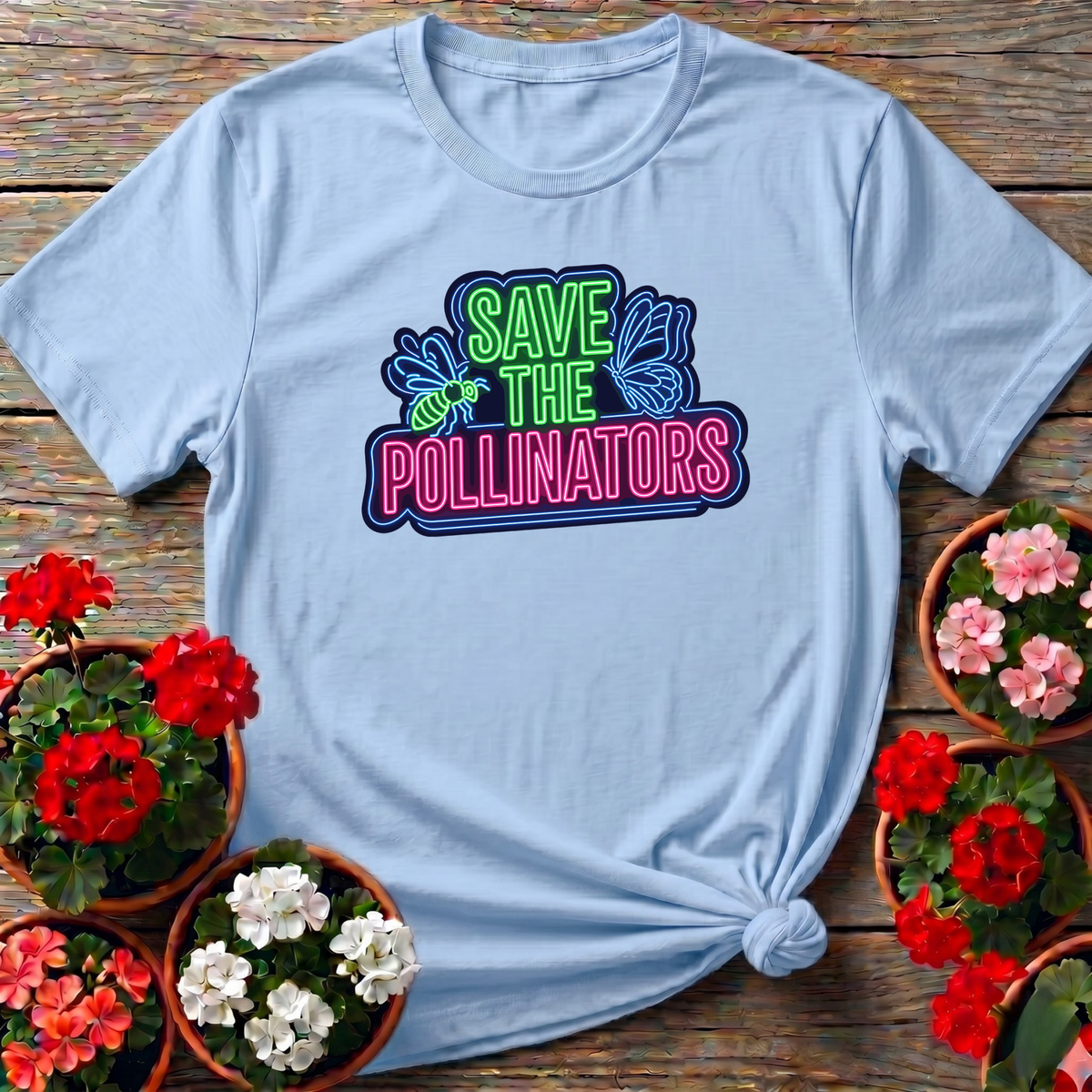 Light Blue cottagecore neon pollinator gardening top with electric bee and butterfly illustration for backyard habitat growers
