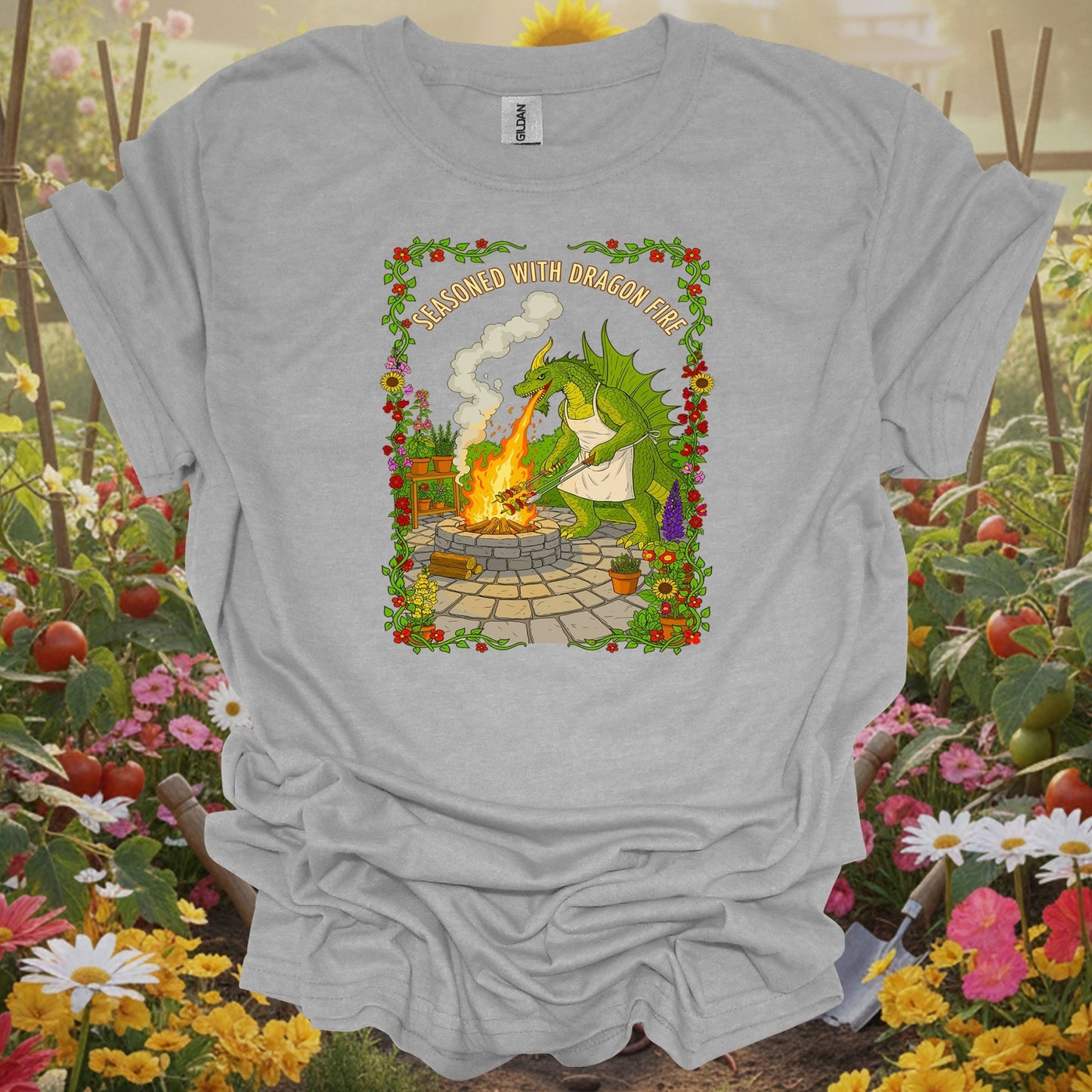 Sport Grey tshirt showing seasoned with dragon fire dragon bbq chef for backyard growers