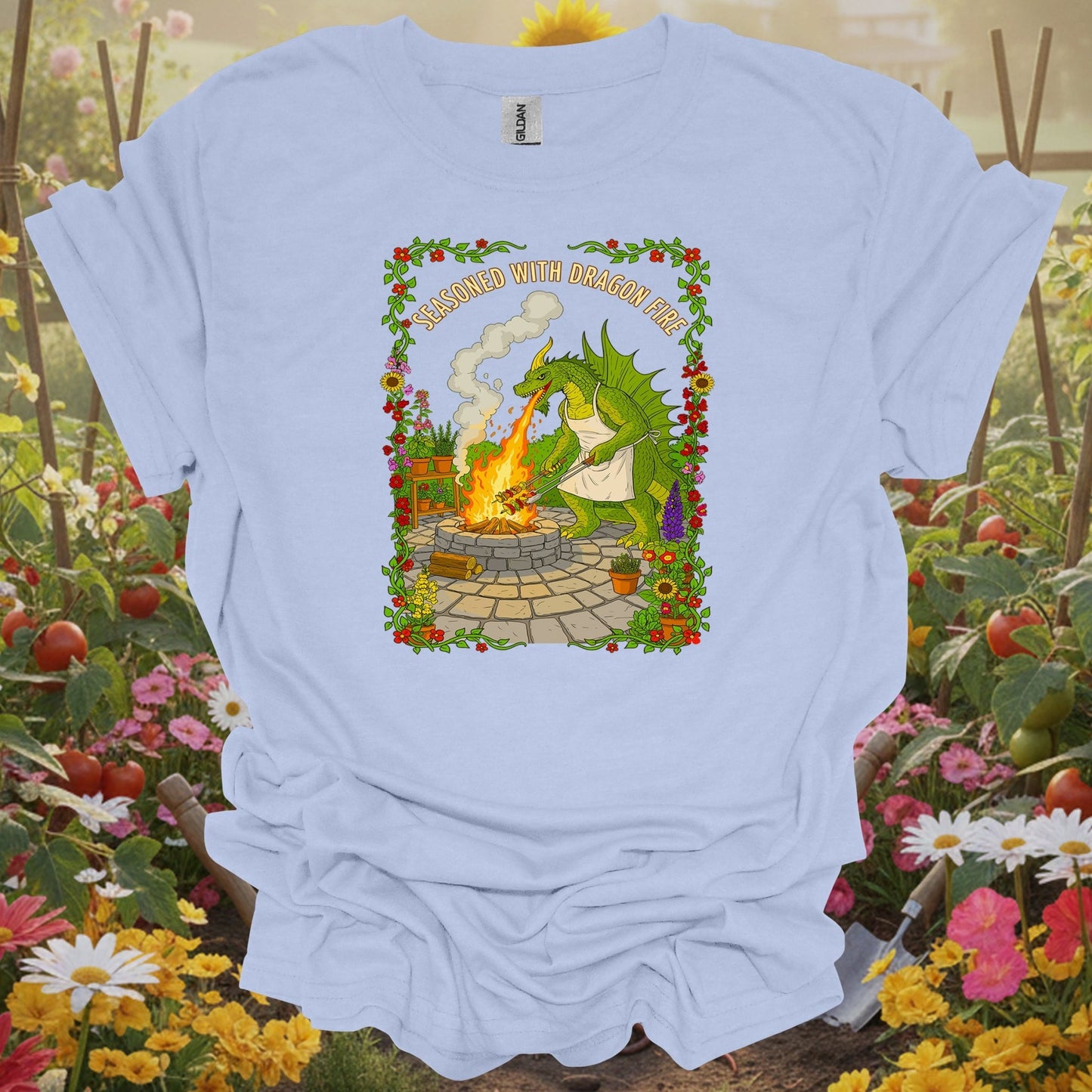 Light Blue tee showing seasoned with dragon fire dragon bbq chef for plant lovers