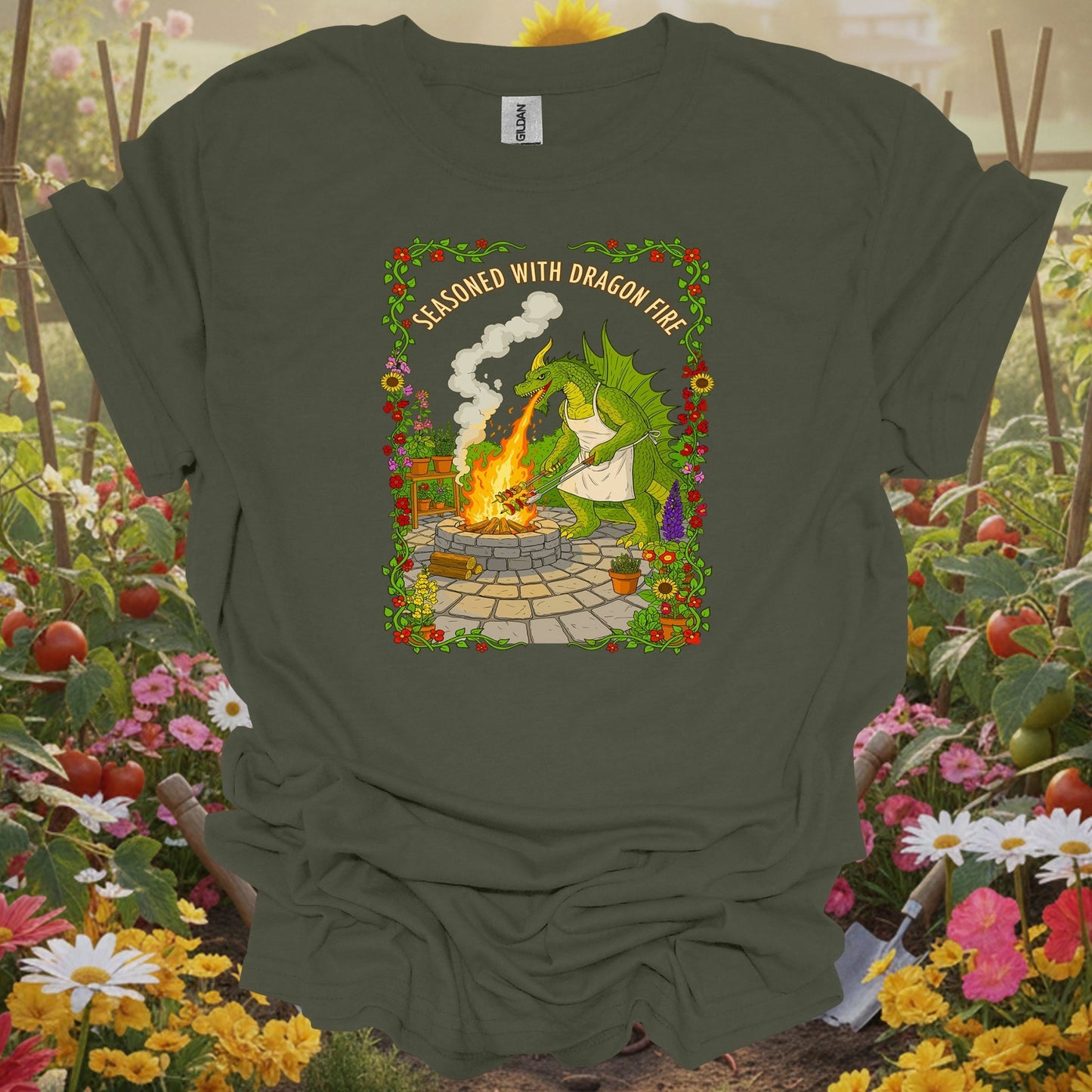 Military Green top showing seasoned with dragon fire dragon bbq chef for nature lovers