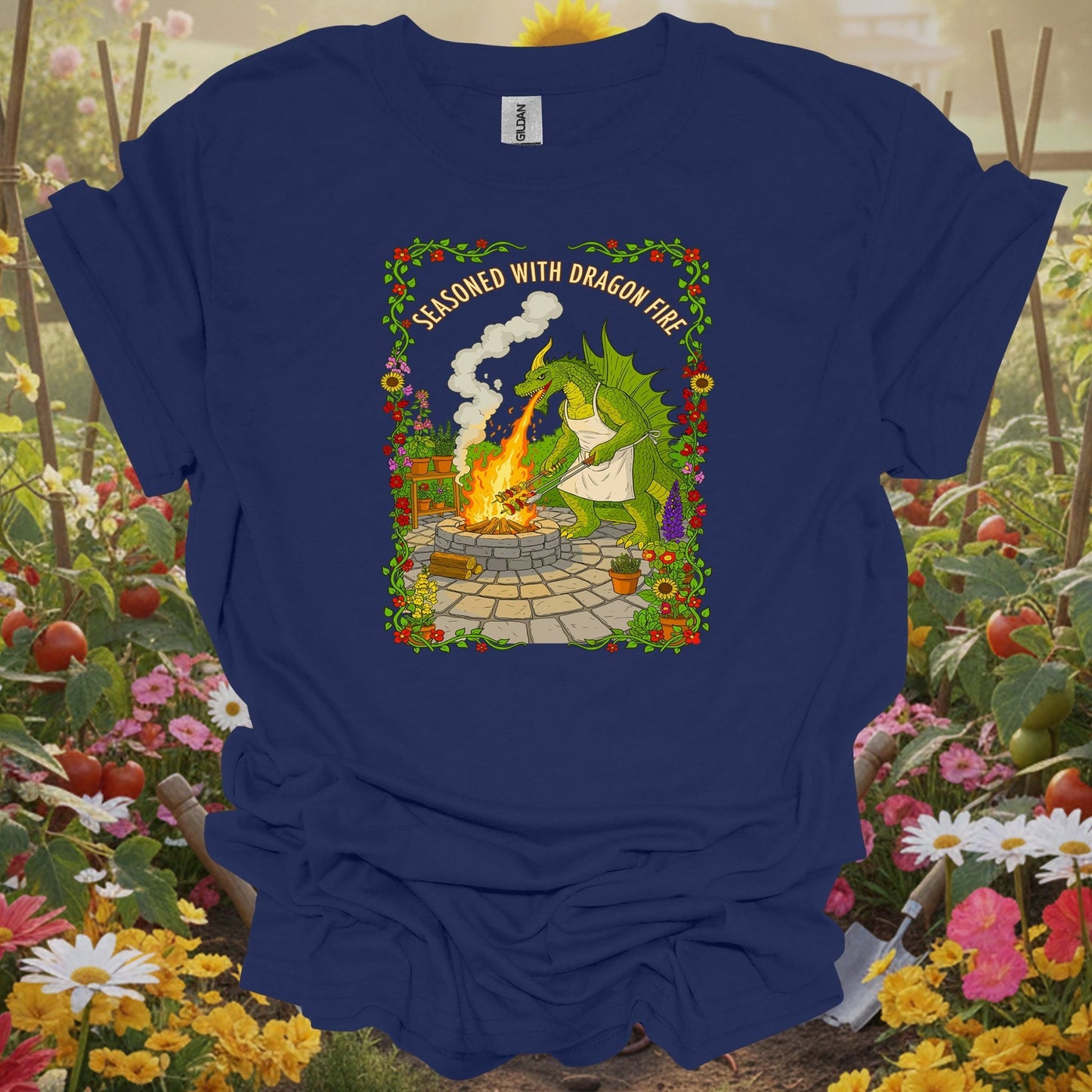 Navy shirt showing seasoned with dragon fire dragon bbq chef for home gardeners