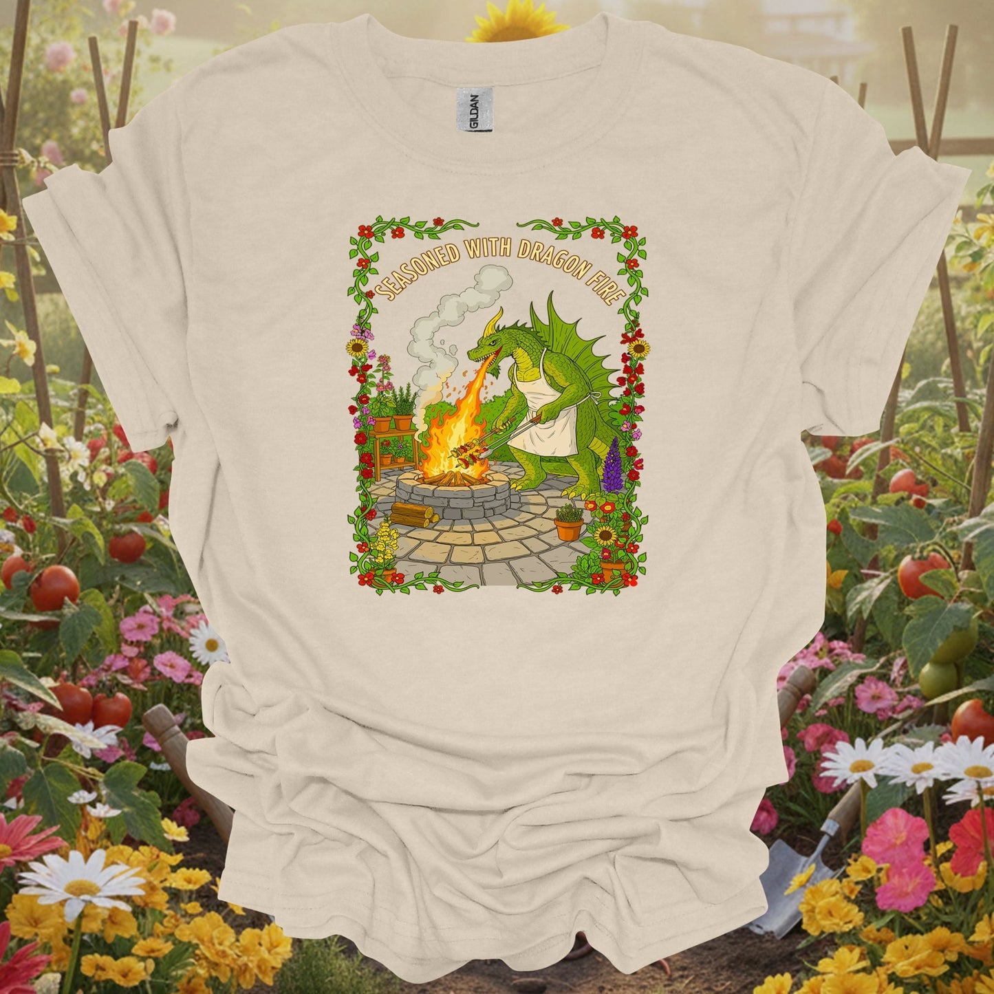 Natural tshirt showing seasoned with dragon fire dragon bbq chef for people who love plants