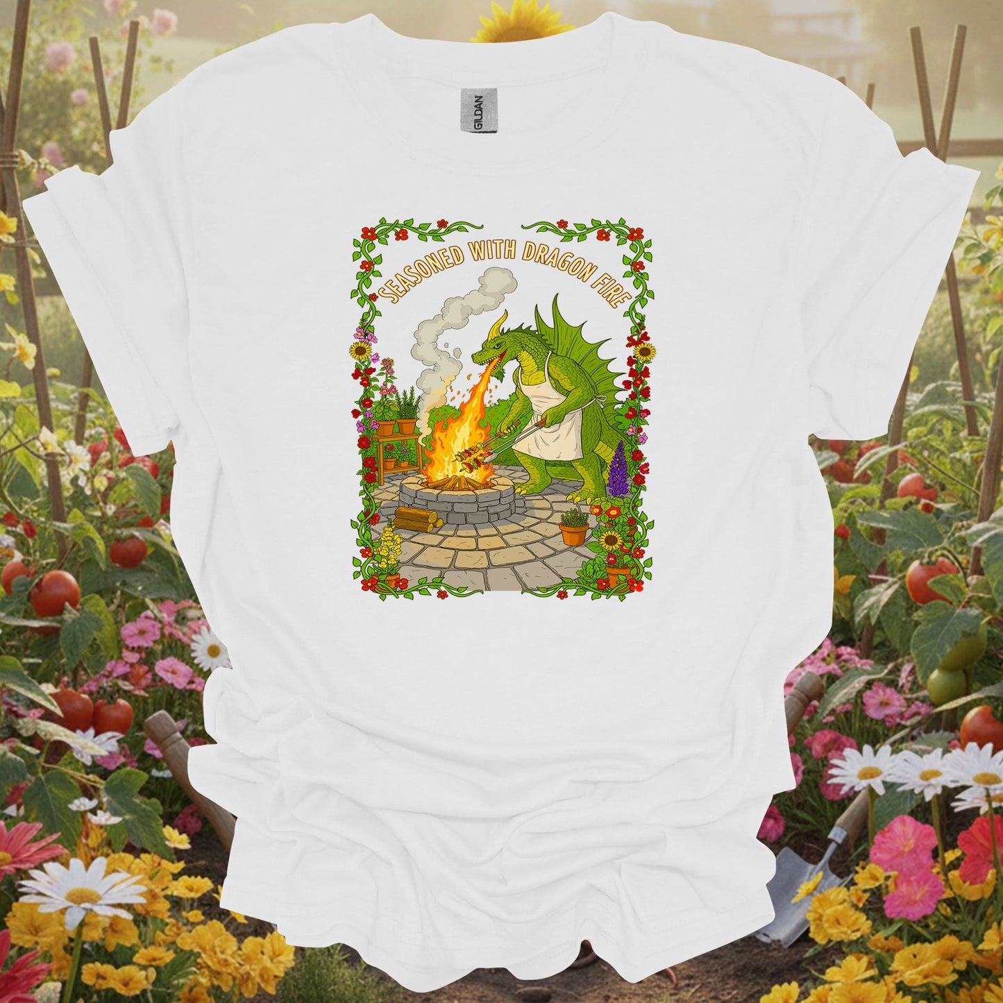 White tee showing seasoned with dragon fire dragon bbq chef for garden hobbyists