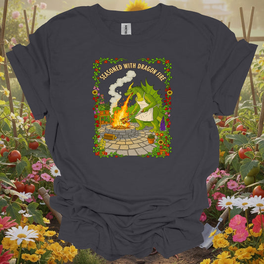 Charcoal tshirt showing seasoned with dragon fire dragon bbq chef for gardening enthusiasts