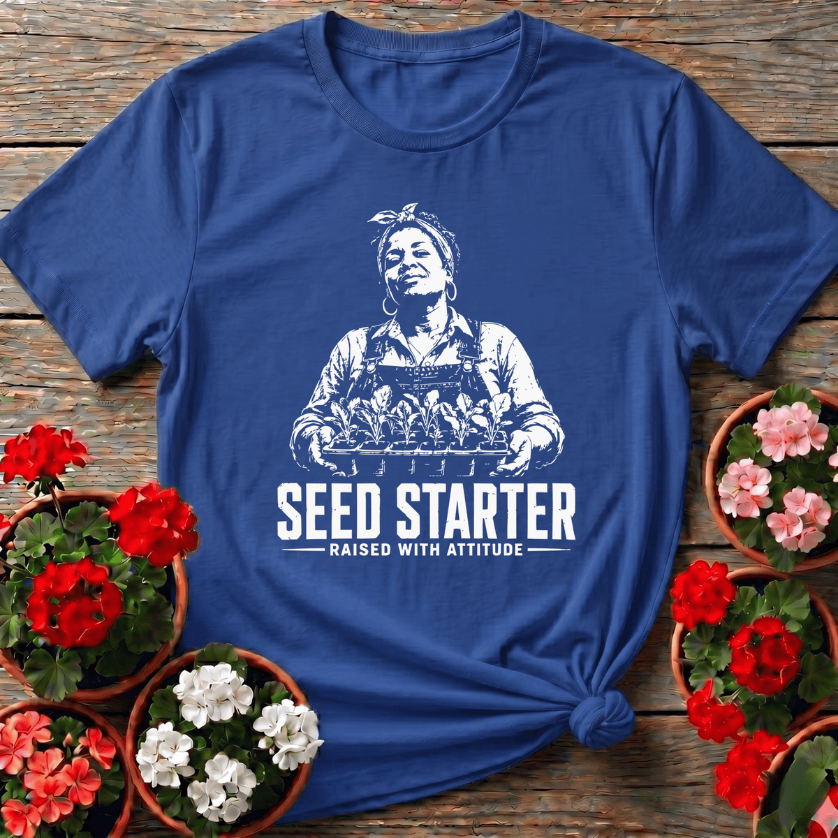 Royal vintage-style seed starting t-shirt with overalls illustration for dedicated vegetable gardeners