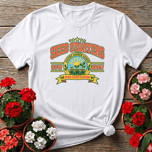 White vintage athletic style seed starters shirt with seedling tray graphic for beginner gardeners