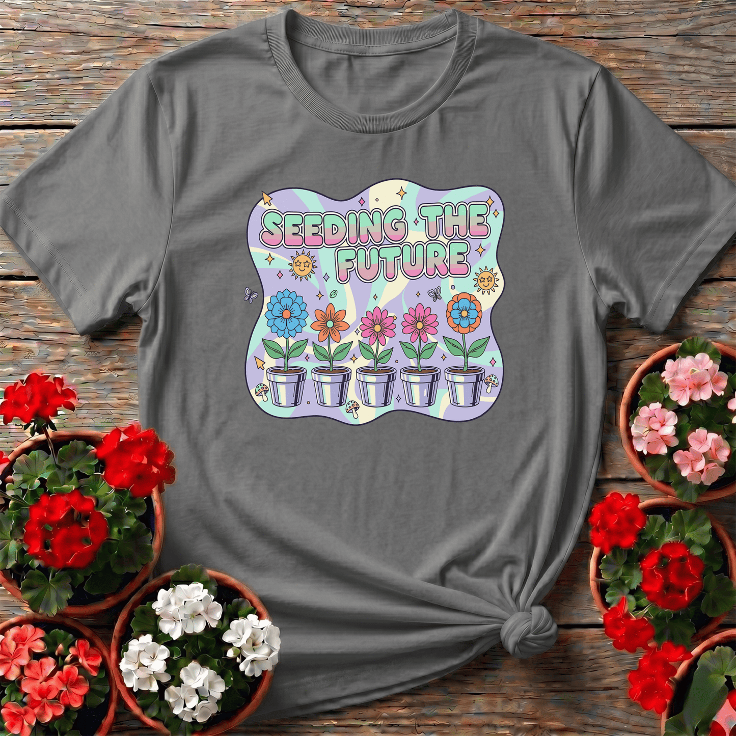 Seeding the Future Retro Floral Gardening T-Shirt - GardeningTshirts