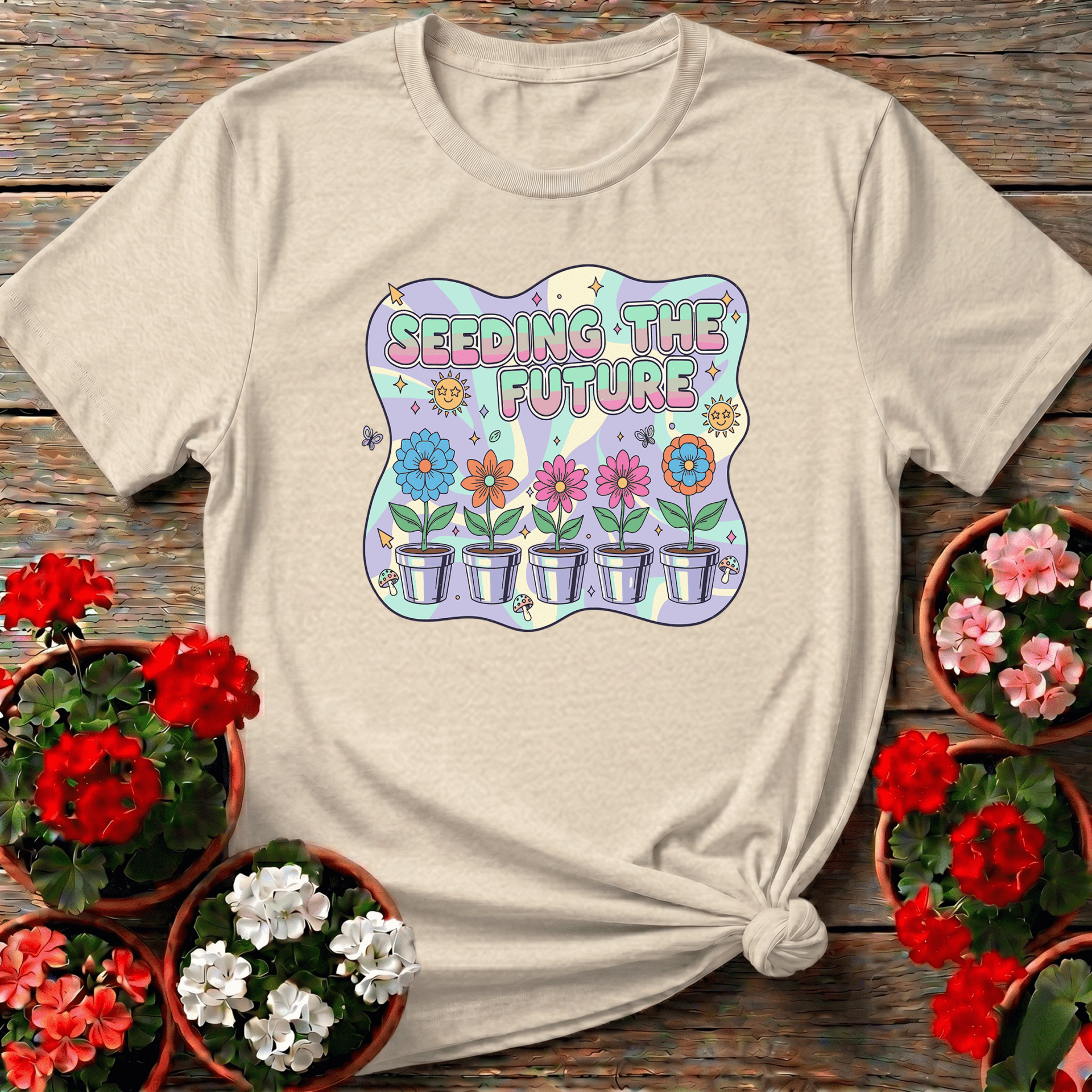 någonstans Flowers T-shIrt Seeding the Future Retro Floral Gardening T-Shirt – GardeningTshirts