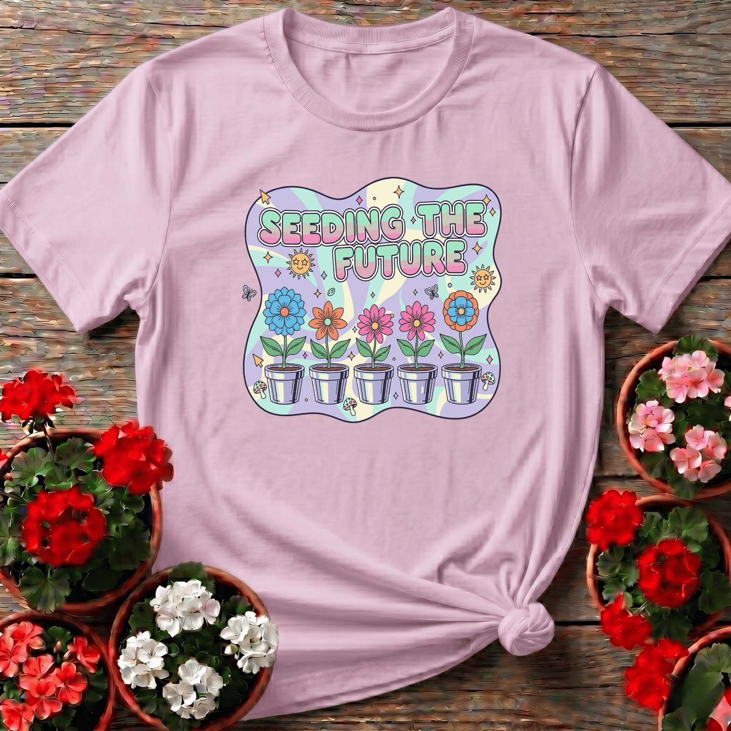 Seeding the Future Retro Floral Gardening T-Shirt - GardeningTshirts