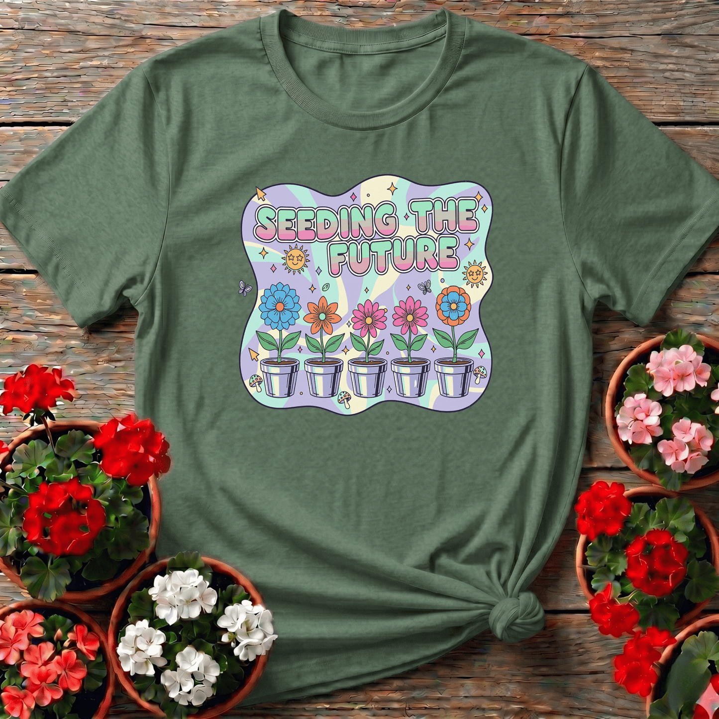 Seeding the Future Retro Floral Gardening T-Shirt - GardeningTshirts