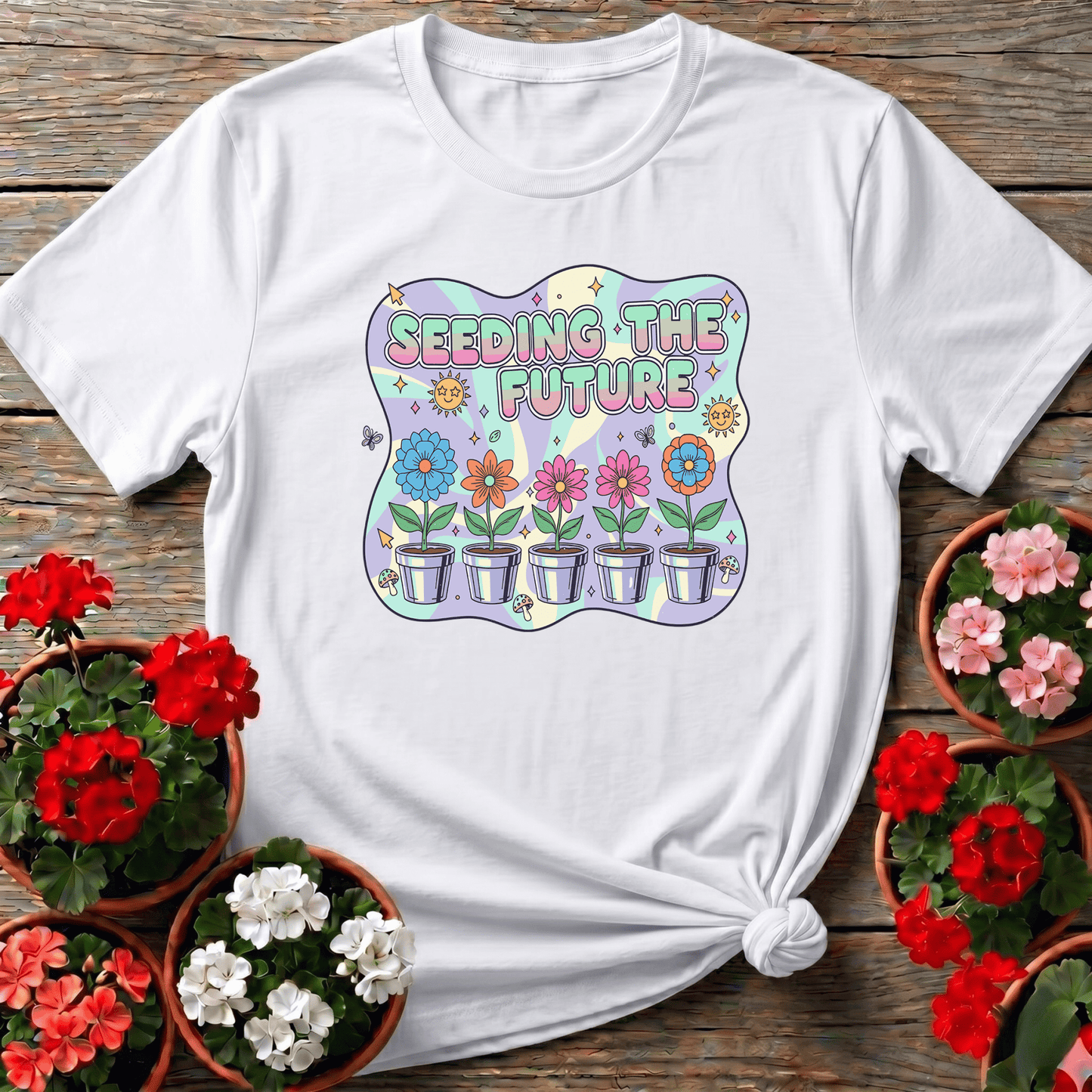 Seeding the Future Retro Floral Gardening T-Shirt - GardeningTshirts