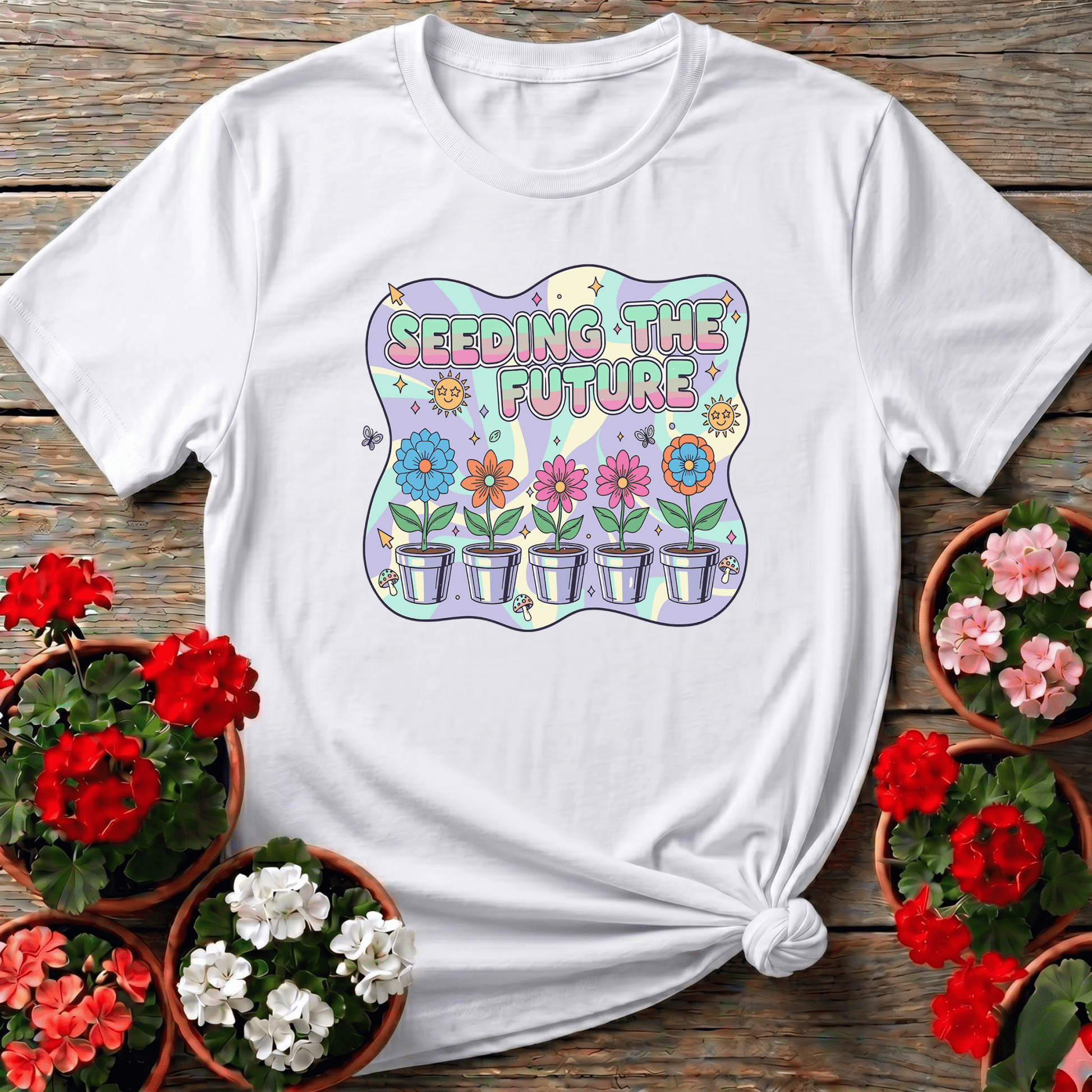 Seeding the Future Retro Floral Gardening T-Shirt - GardeningTshirts