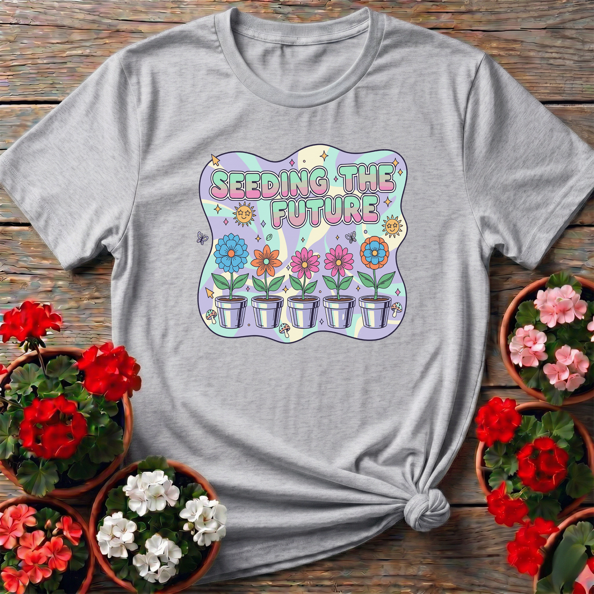 Seeding the Future Retro Floral Gardening T-Shirt - GardeningTshirts