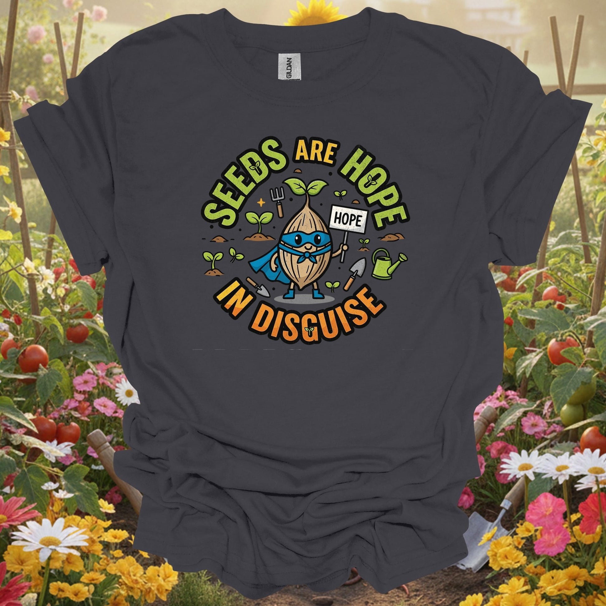 Charcoal tee showing seeds are hope in disguise superhero for plant lovers
