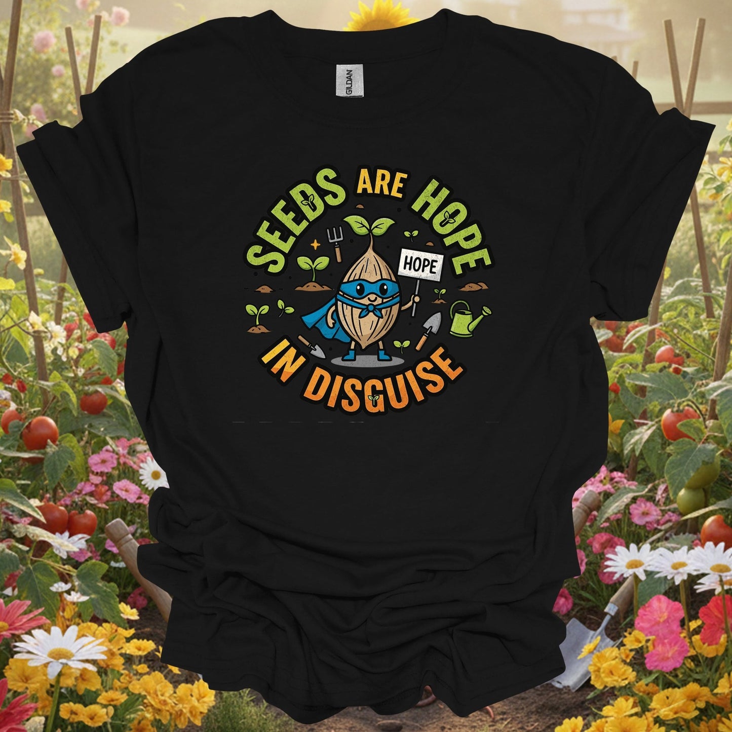 Black shirt showing seeds are hope in disguise superhero for outdoor enthusiasts