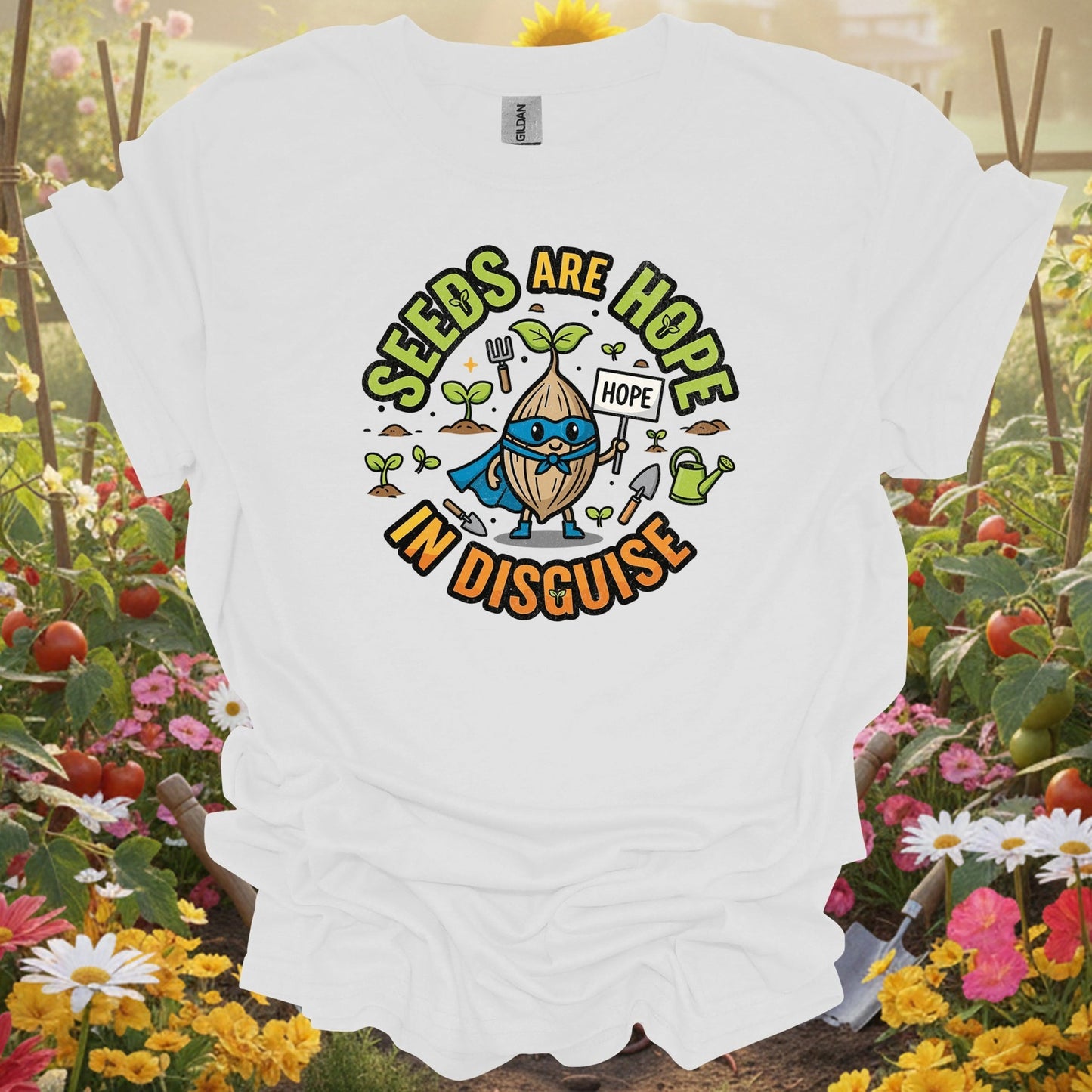 White tee showing seeds are hope in disguise superhero for garden hobbyists