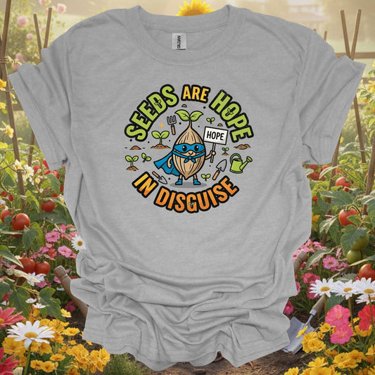 Sport Grey tshirt showing seeds are hope in disguise superhero for gardening enthusiasts