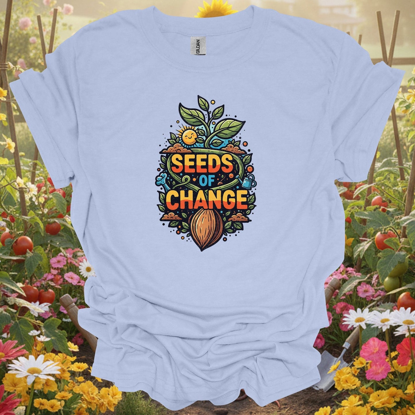 Light Blue shirt showing seeds of change inspirational growth for home gardeners